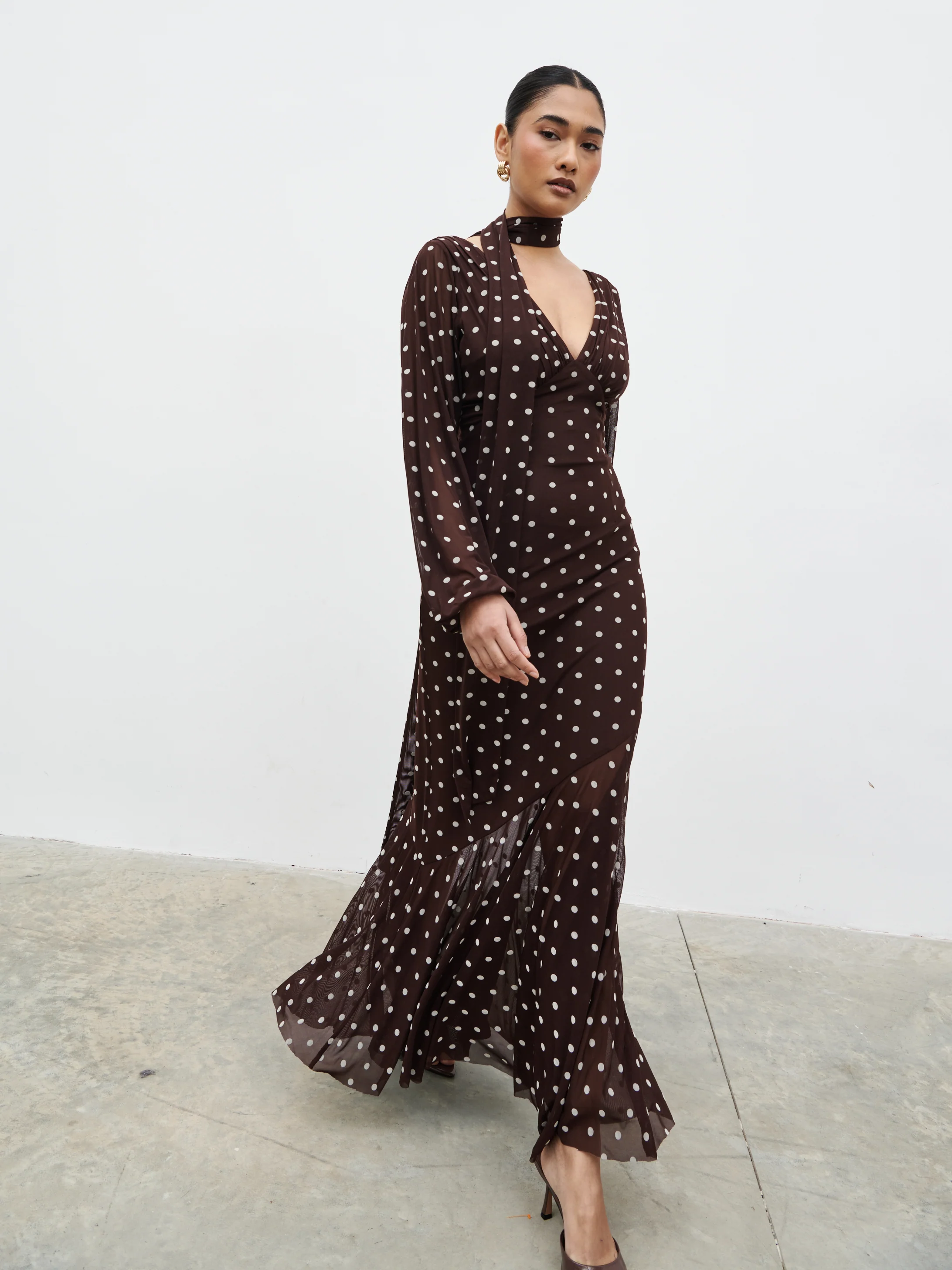 Petula Scarf Mesh Maxi Dress - Brown and Cream Polkadot