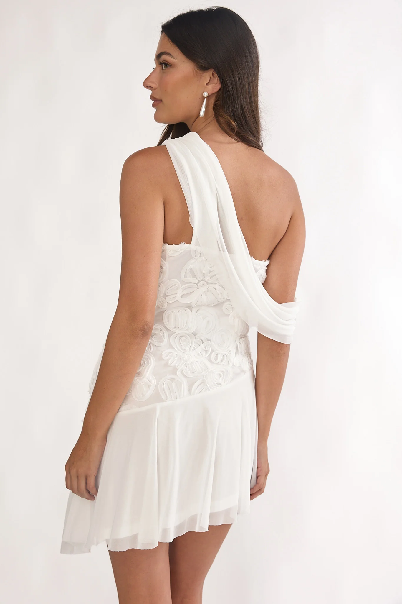 Anaisa One-Shoulder Draped Mini Dress Embellished Off White - luluinthesky