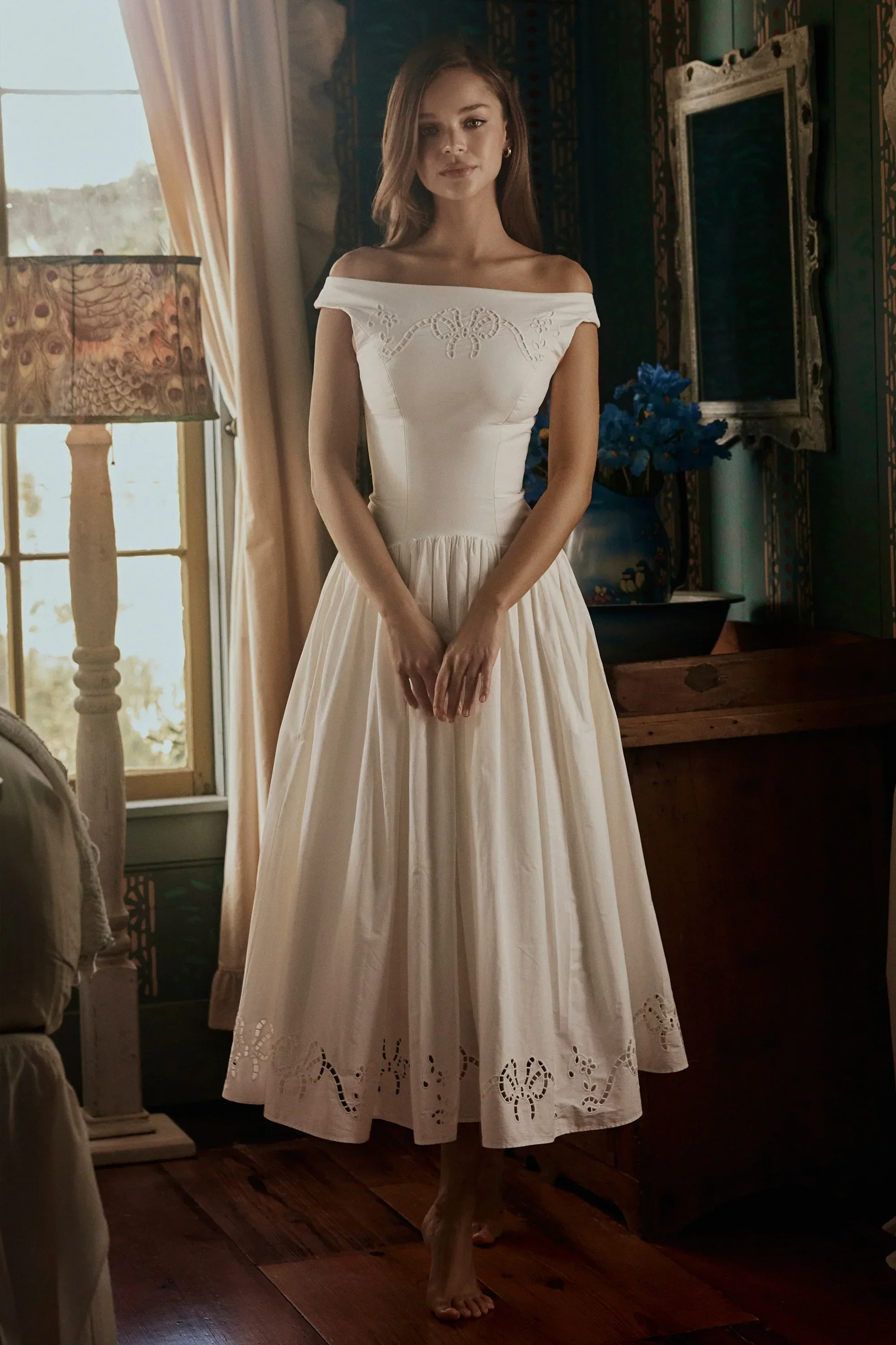 white cotton broderie anglaise boat neck maxi dress - luluinthesky