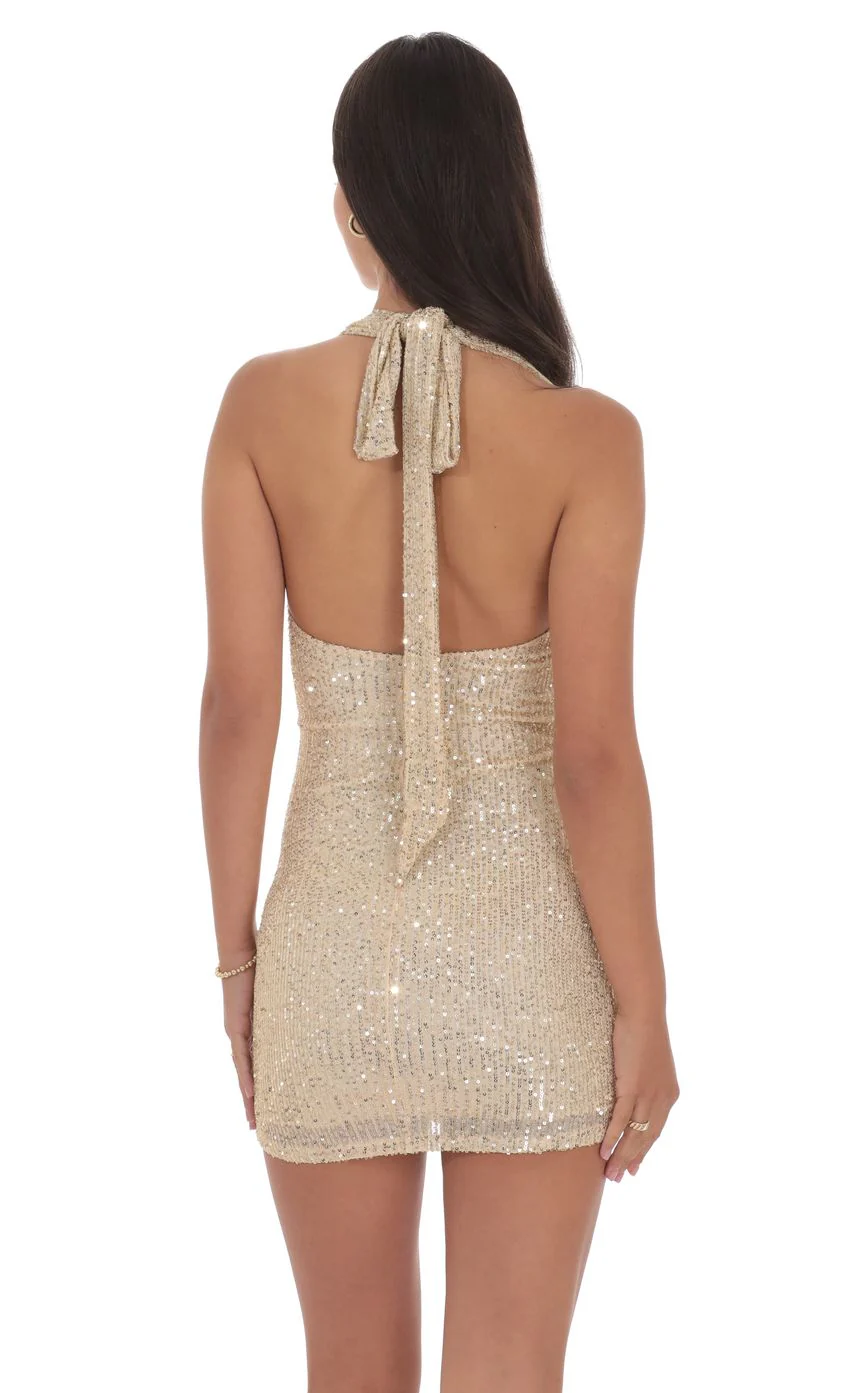 Sequin Halter Dress in Gold - luluinthesky
