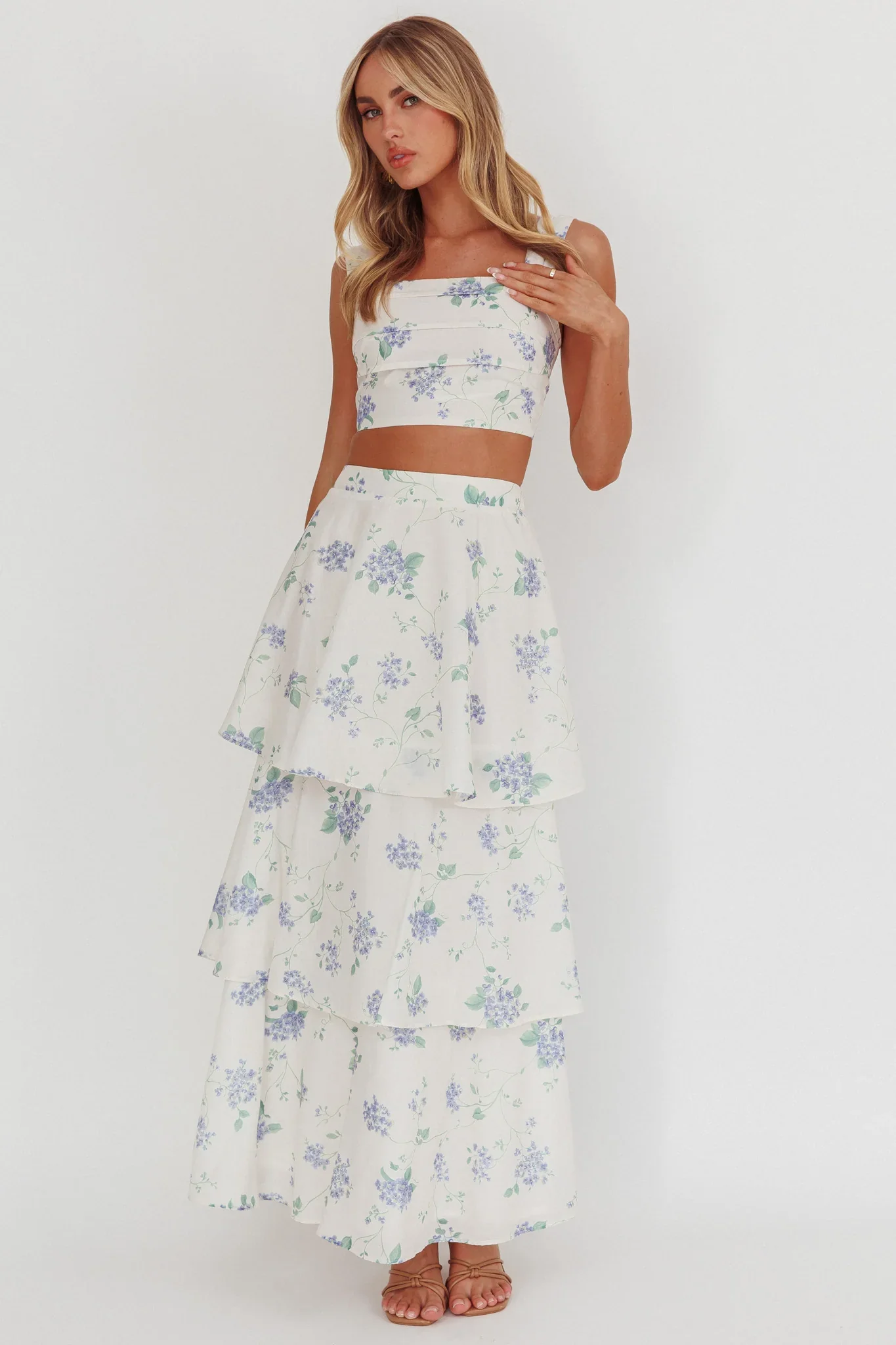 Dixon Tiered Maxi Skirt Floral Beige
