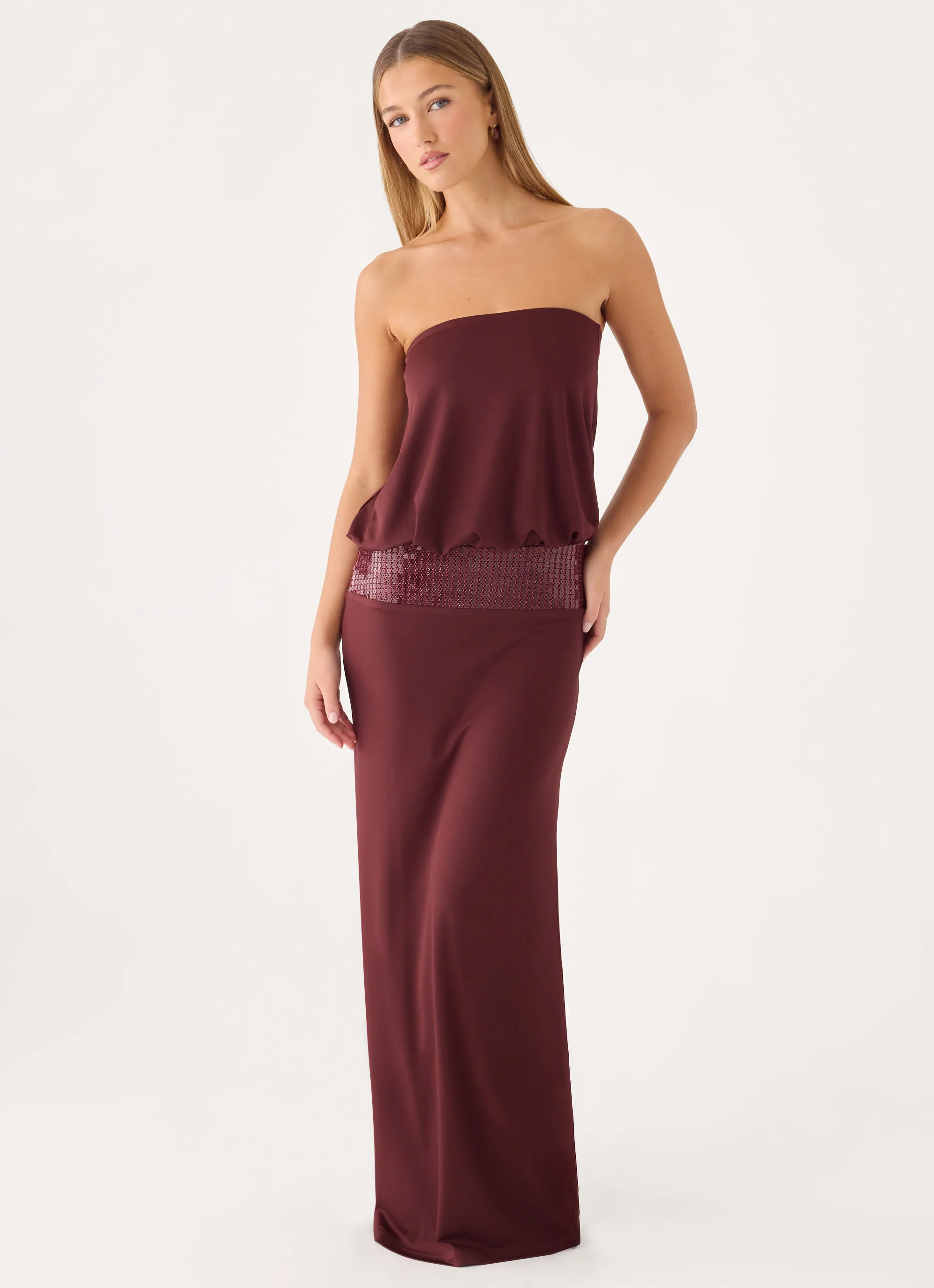 Posine Strapless Maxi Dress - Maroon - luluinthesky