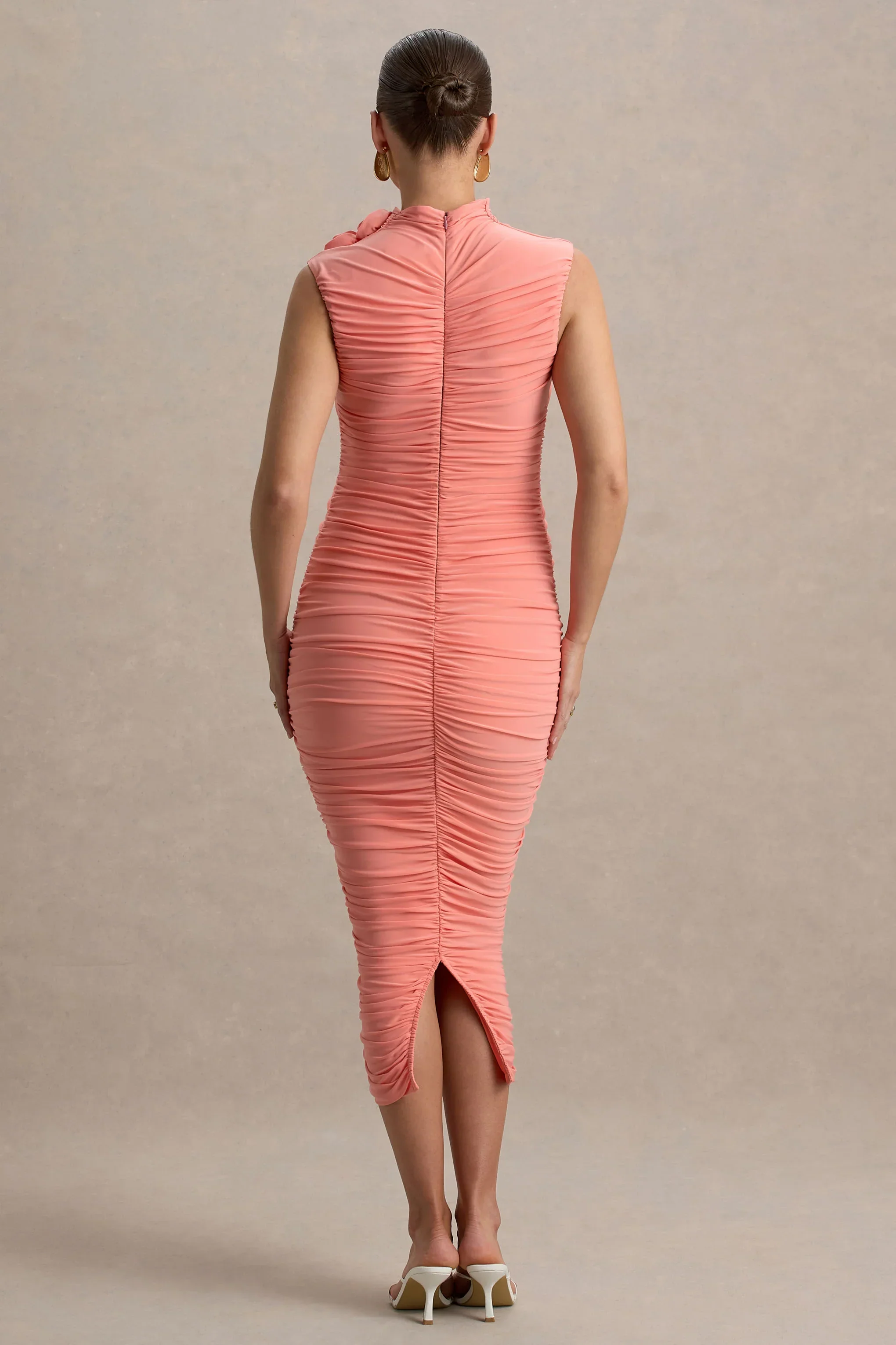 Shellie | Coral High-Neck Maternity Midi Dress With Corsage Detail