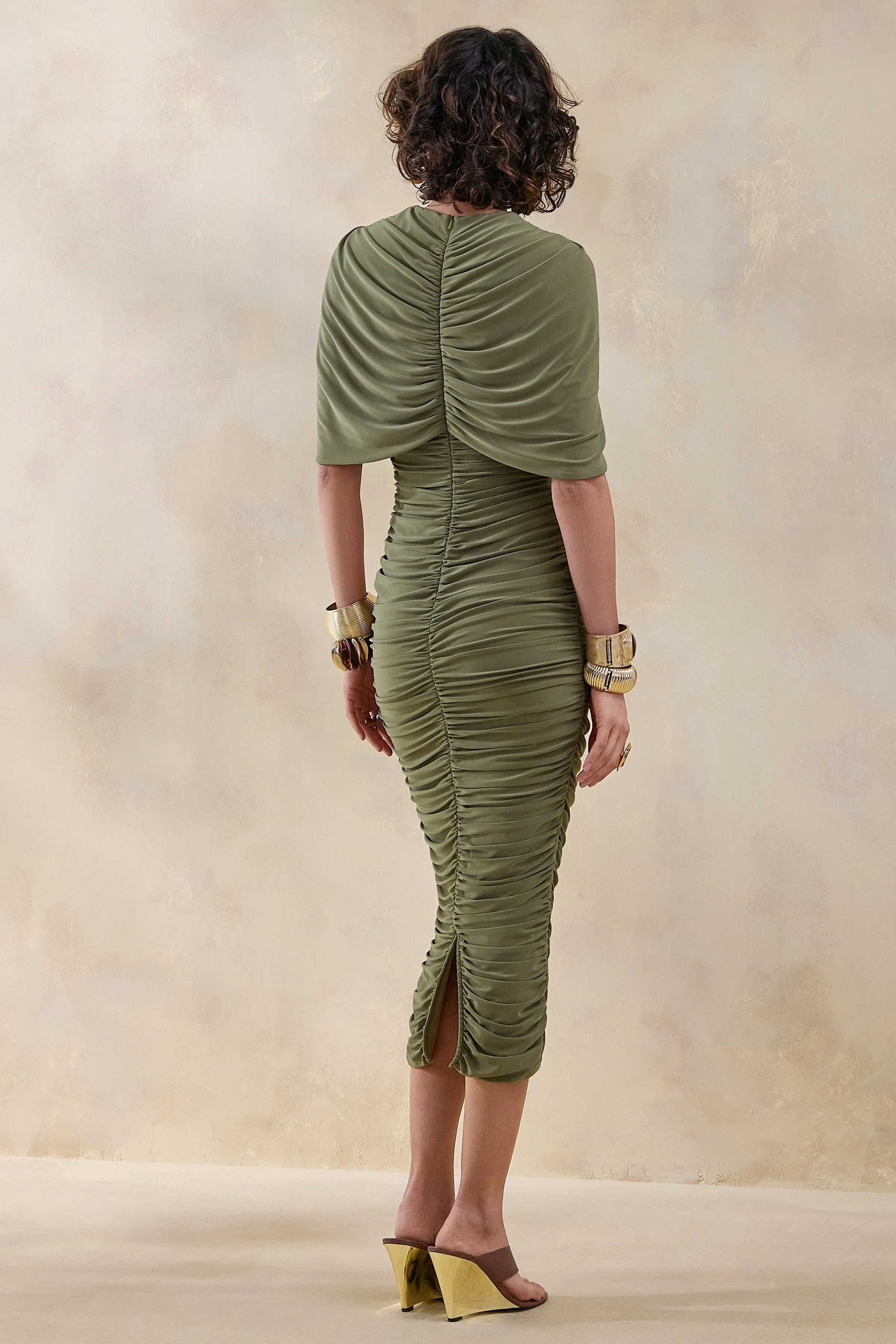 Parisia | Olive Round-Neck Midi Dress With Cape-Detail