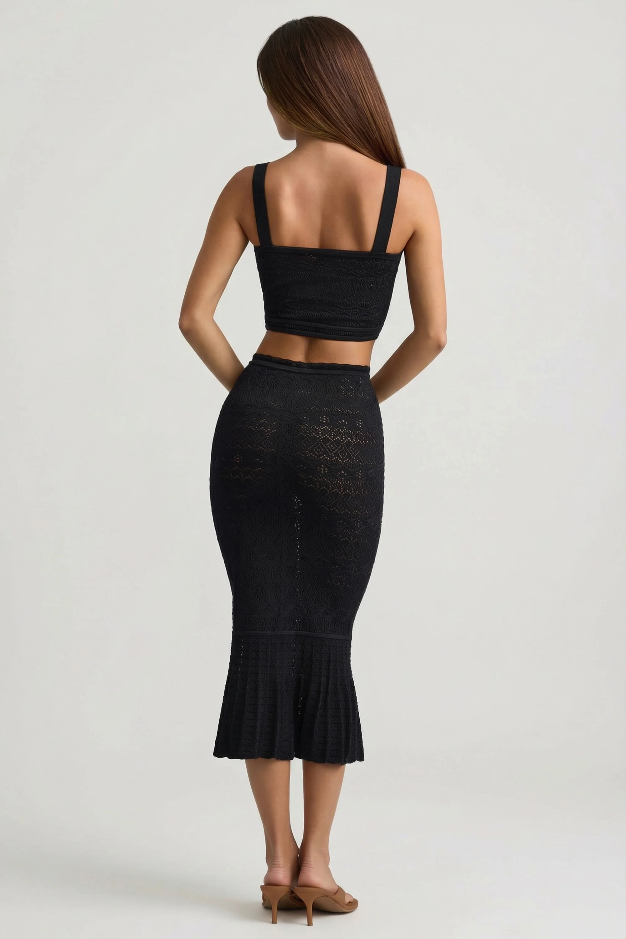 Ruffle-Trim Pointelle-Knit Midaxi Skirt in Black