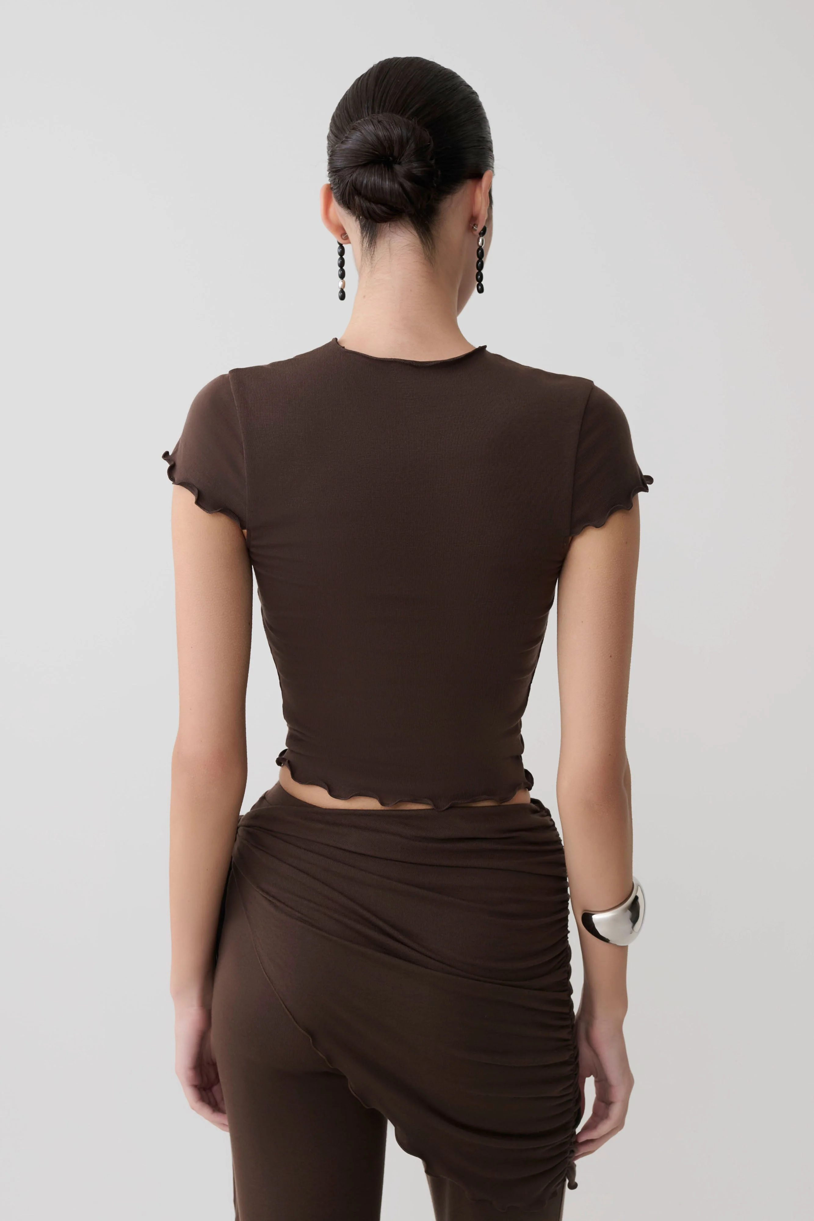 Anfie High Neck Top With Piping Detail - Dark Chocolate