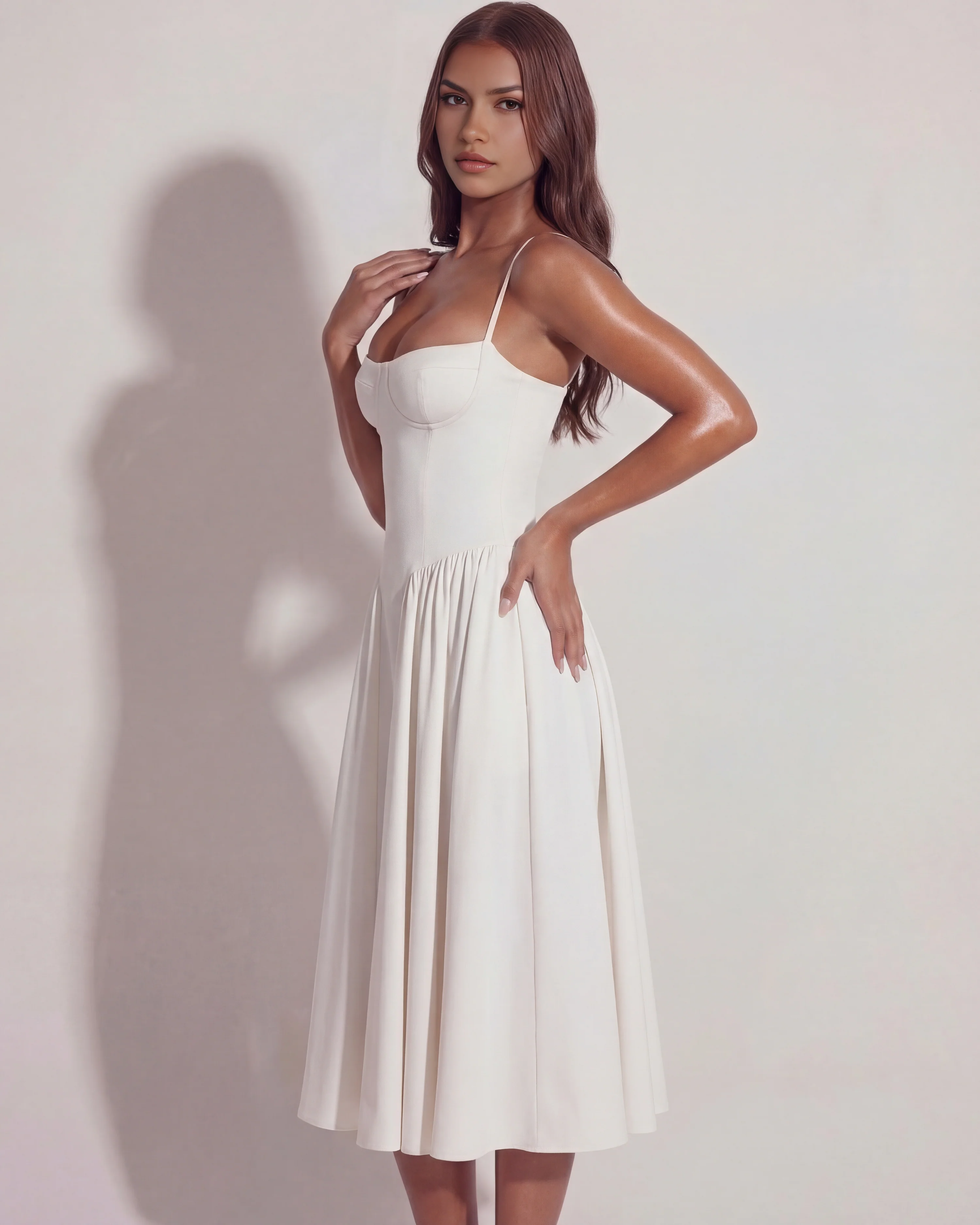 White Midi Dress with Sweetheart Neckline and Hidden Pockets