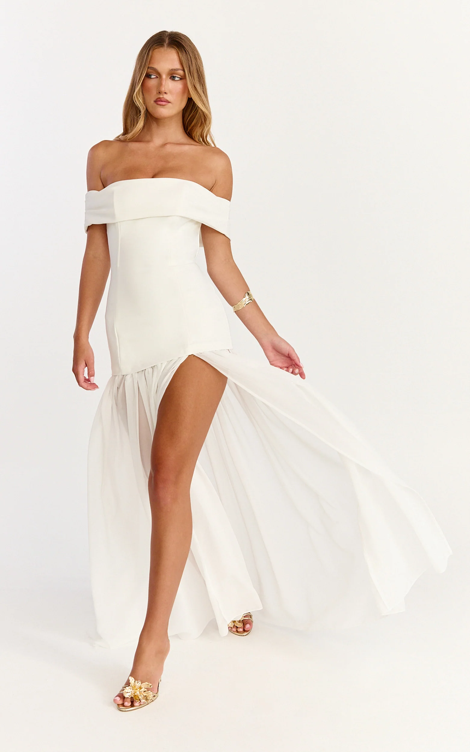 Florence Maxi Dress - Off Shoulder Sheer Skirt Dress in White