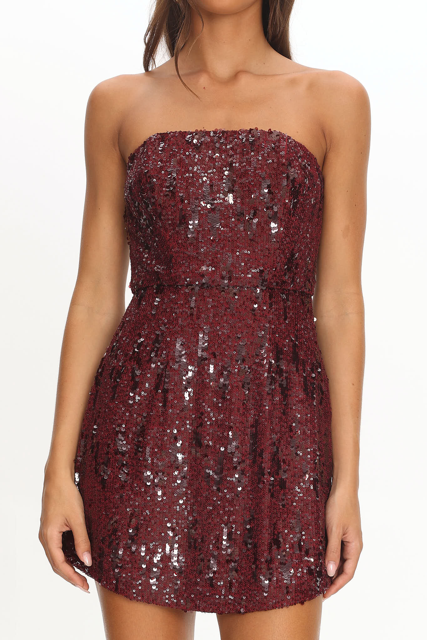 Entered The Chat Strapless Mini Dress Sequin Wine - luluinthesky