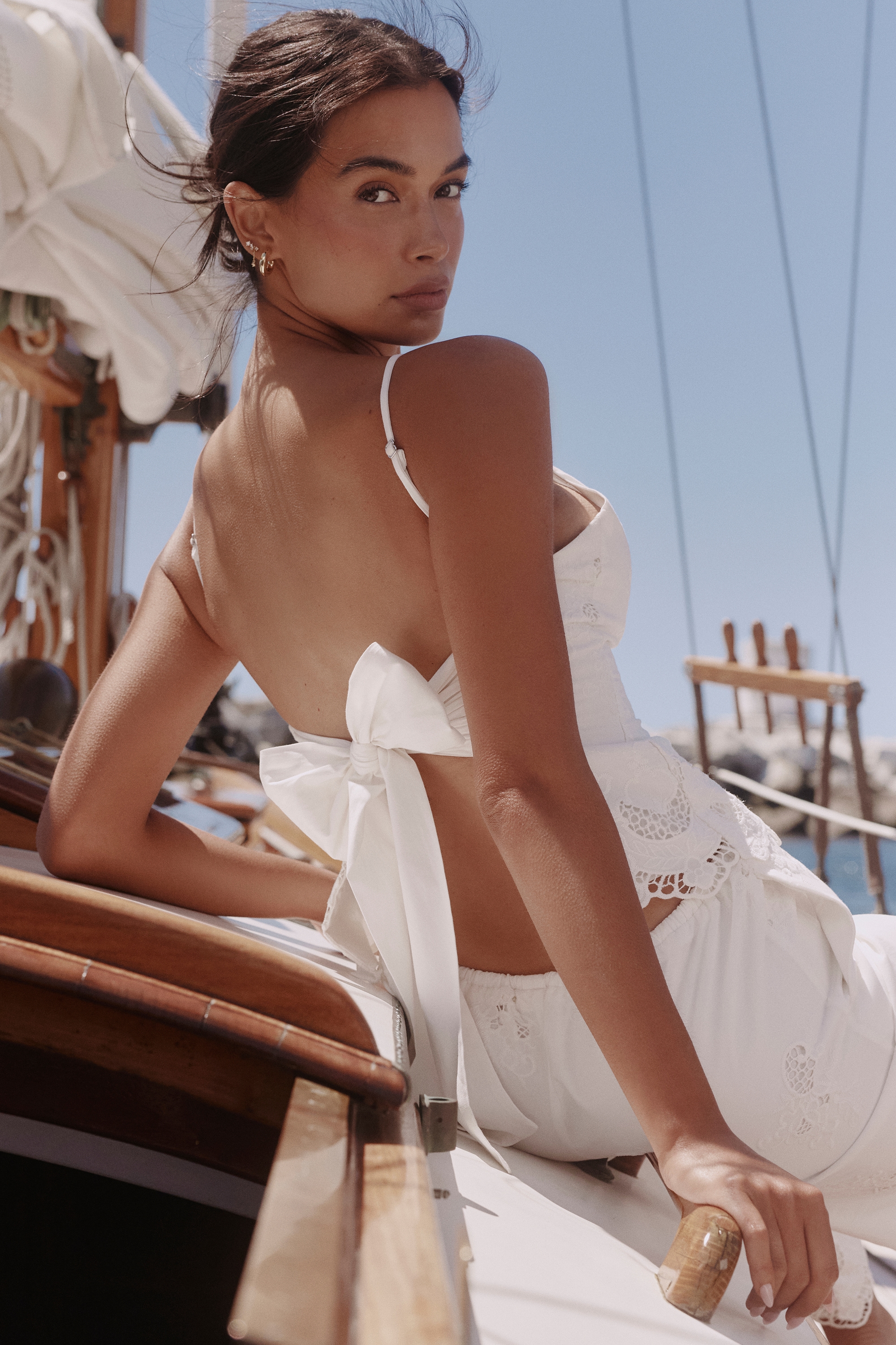 white broderie anglaise cotton bow back top