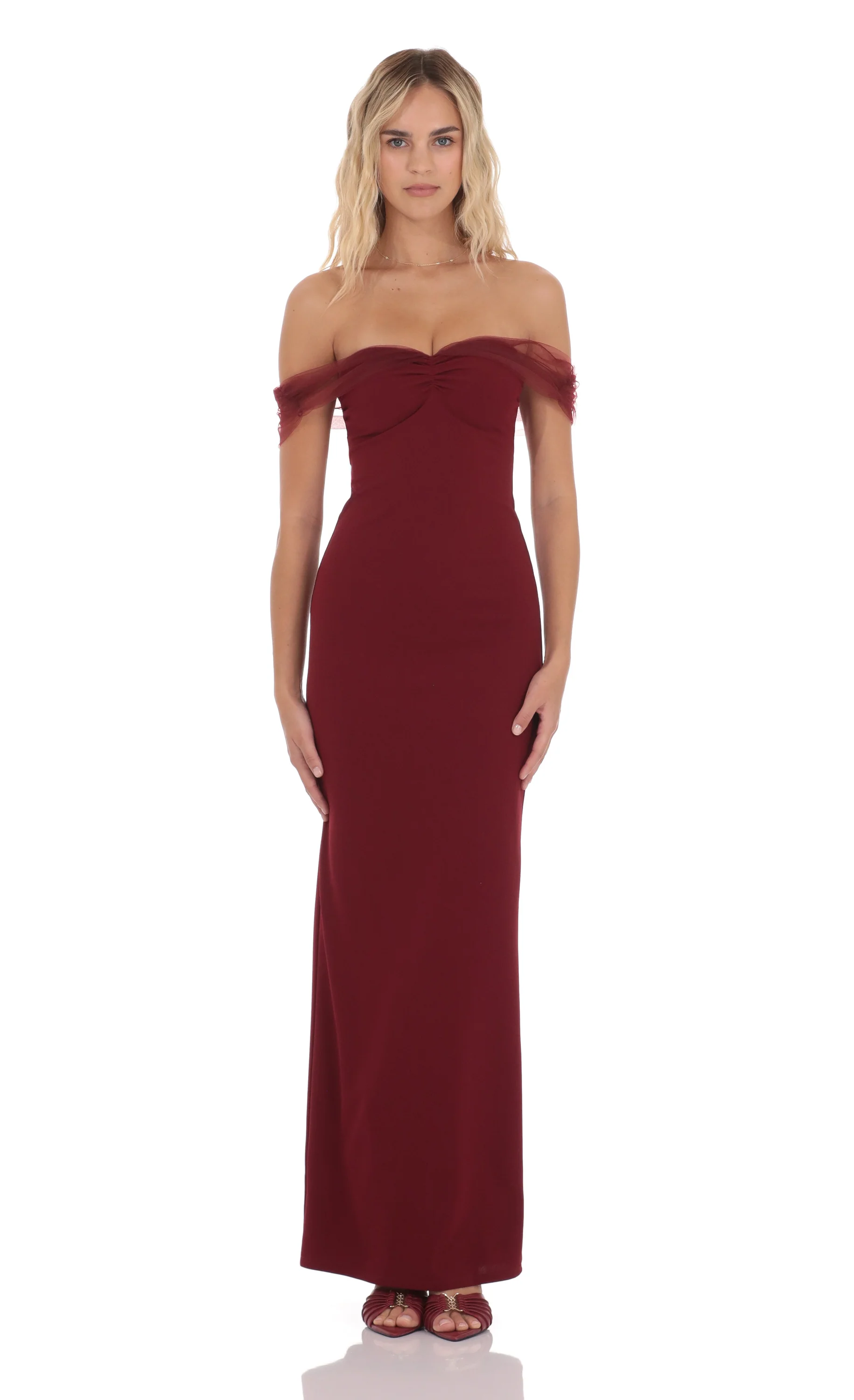 Tulle Off Shoulder Maxi Dress in Maroon