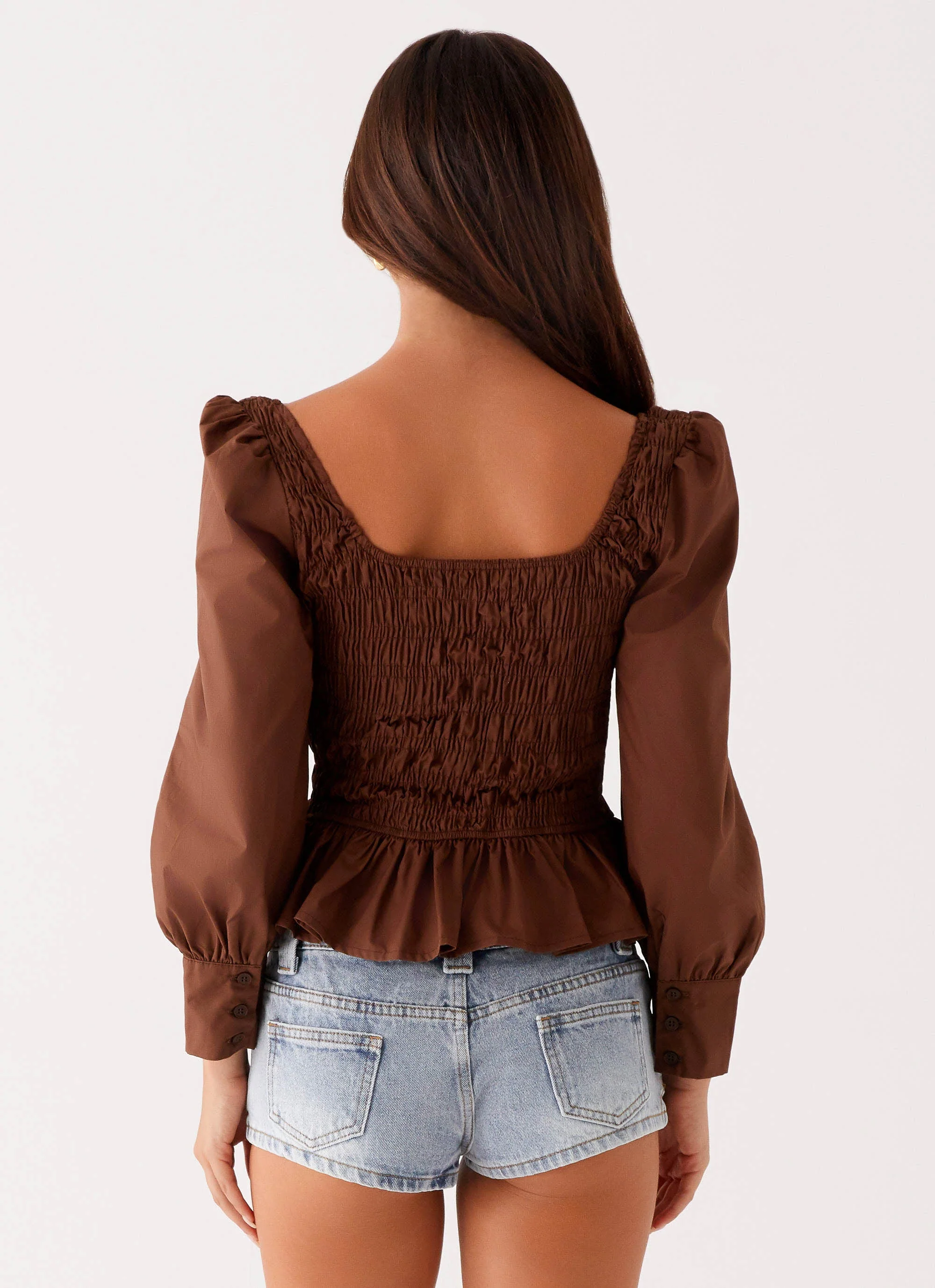 Joyce Long Sleeve Cotton Shirred Top - Chocolate