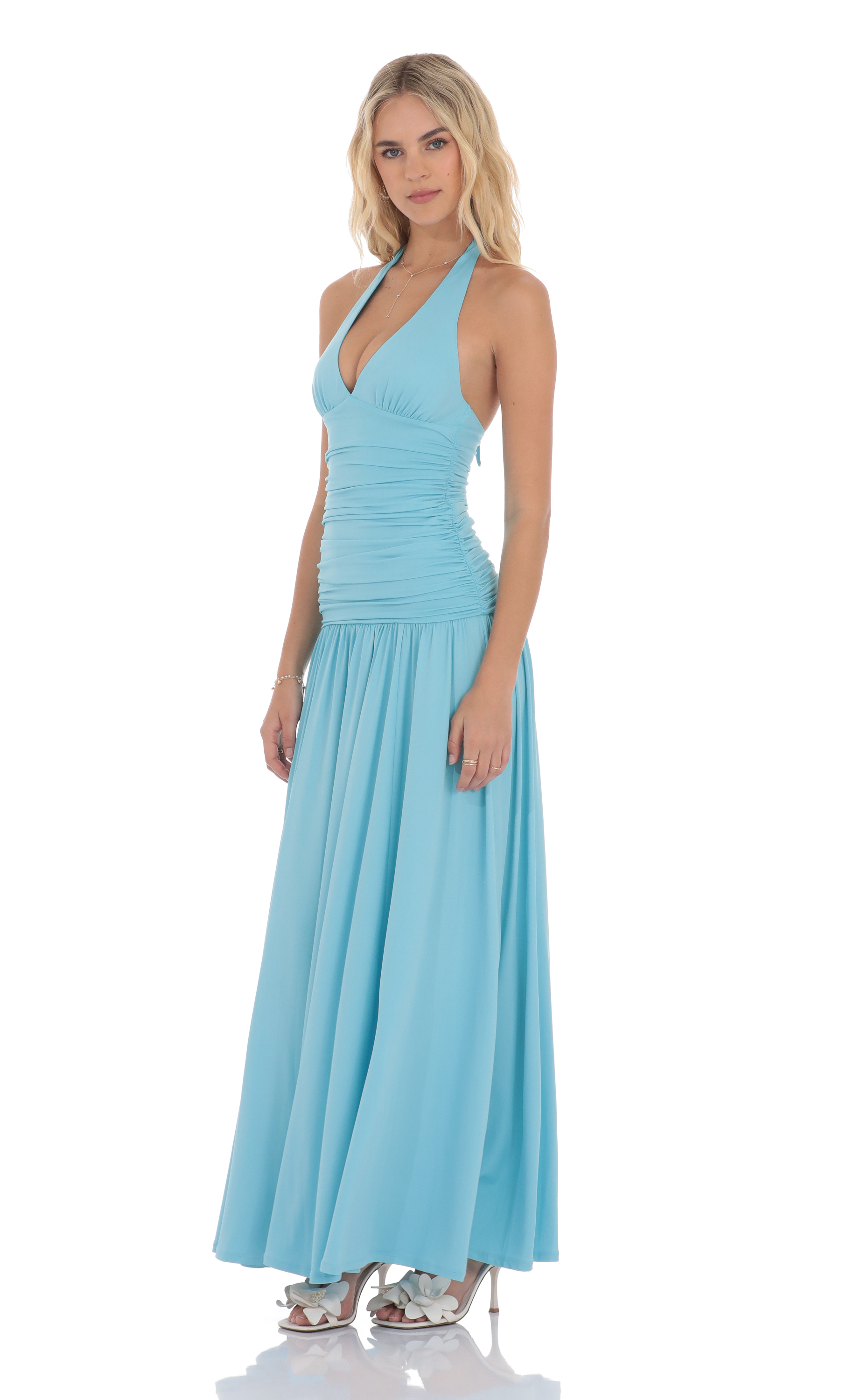 Halter Drop Waist Maxi Dress in Aqua Blue - luluinthesky