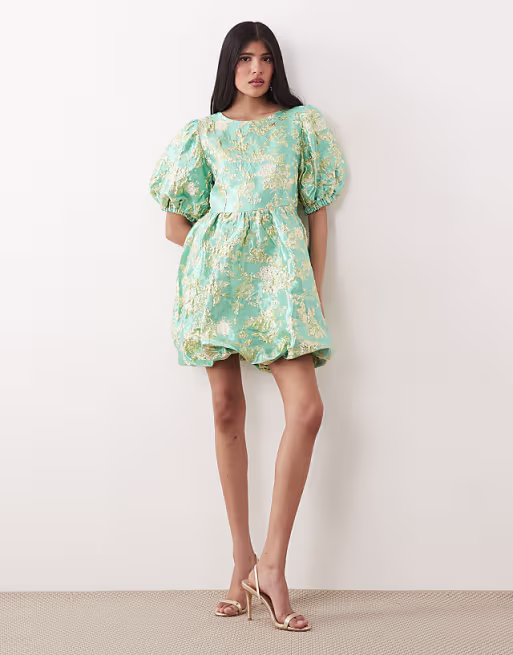 Sister Jane jacquard puff sleeve bubble hem mini dress in pistachio floral