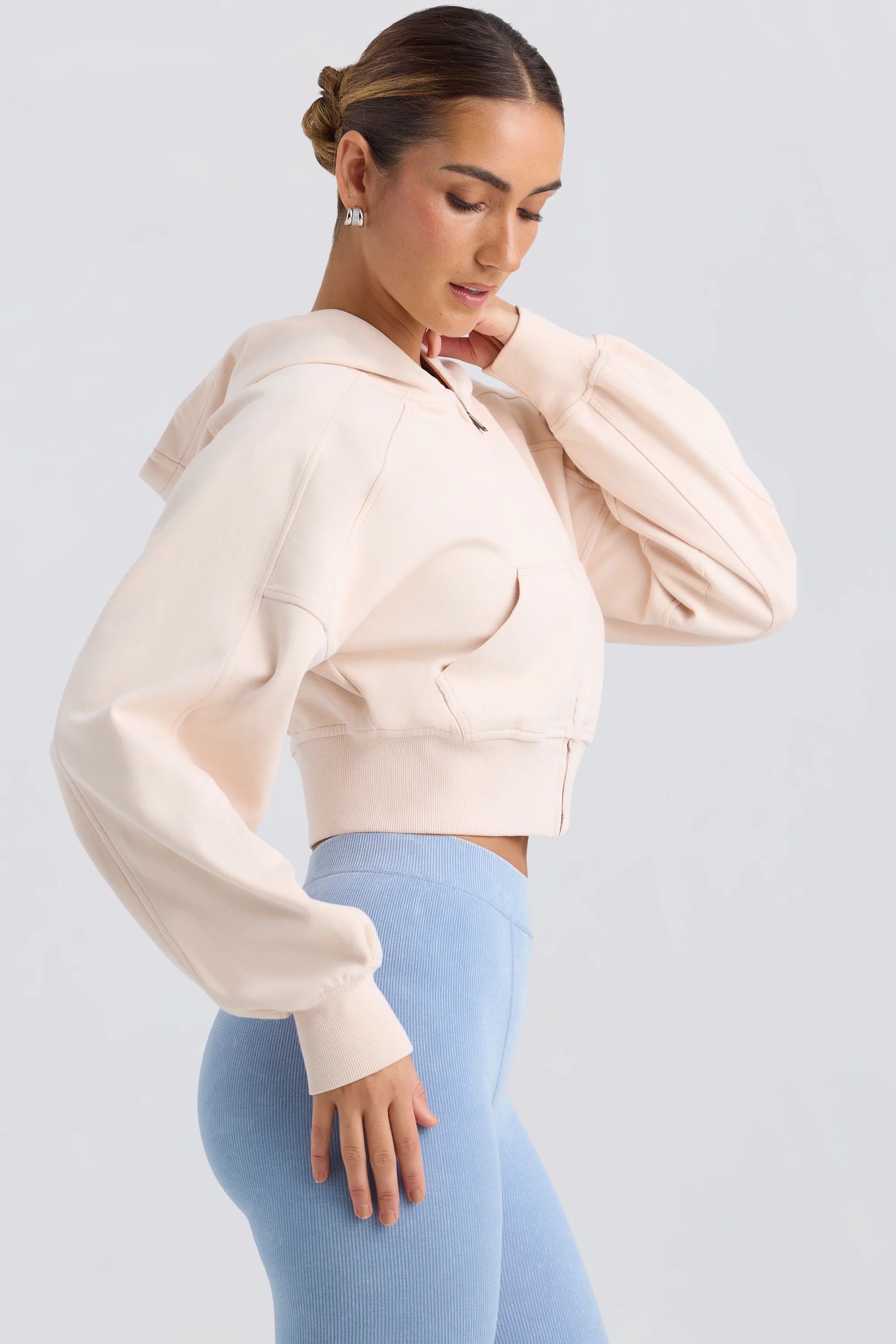 Brushed Jersey Zip-Up Cropped Hoodie in Washed Cream