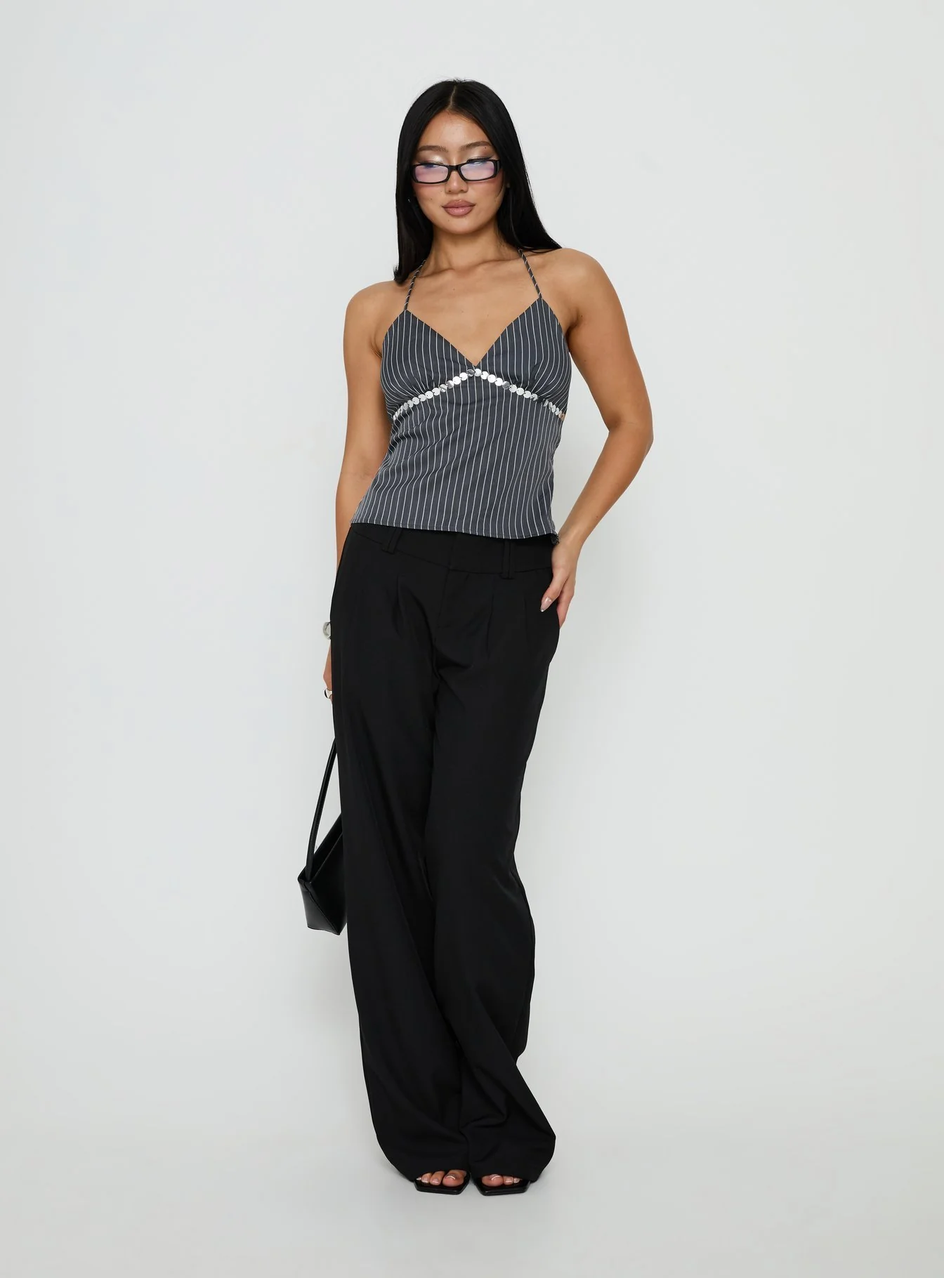 Zenas Sequin Detail Halter Top Grey Pinstripe