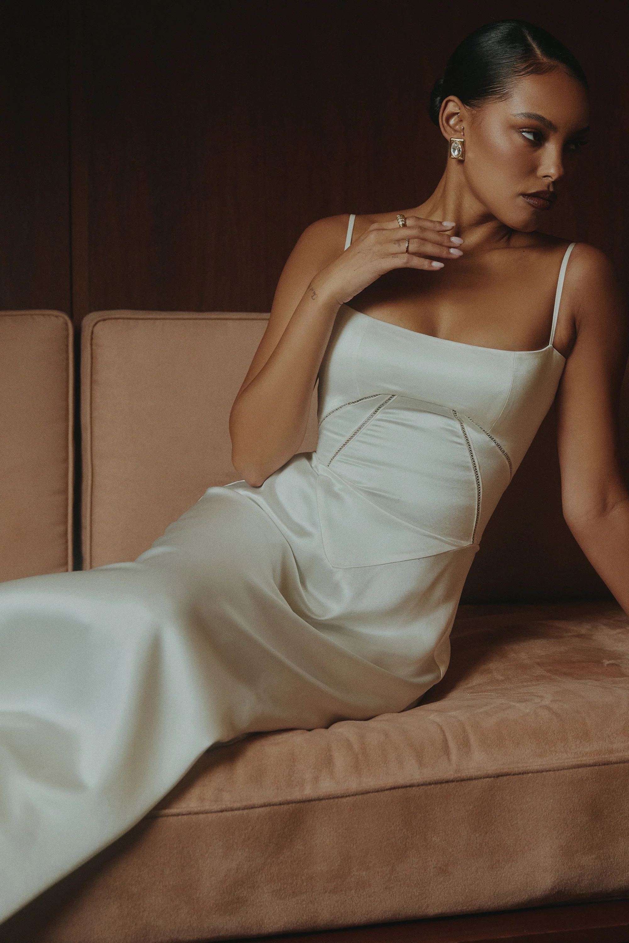 Ivory Satin Lace Up Maxi Dress