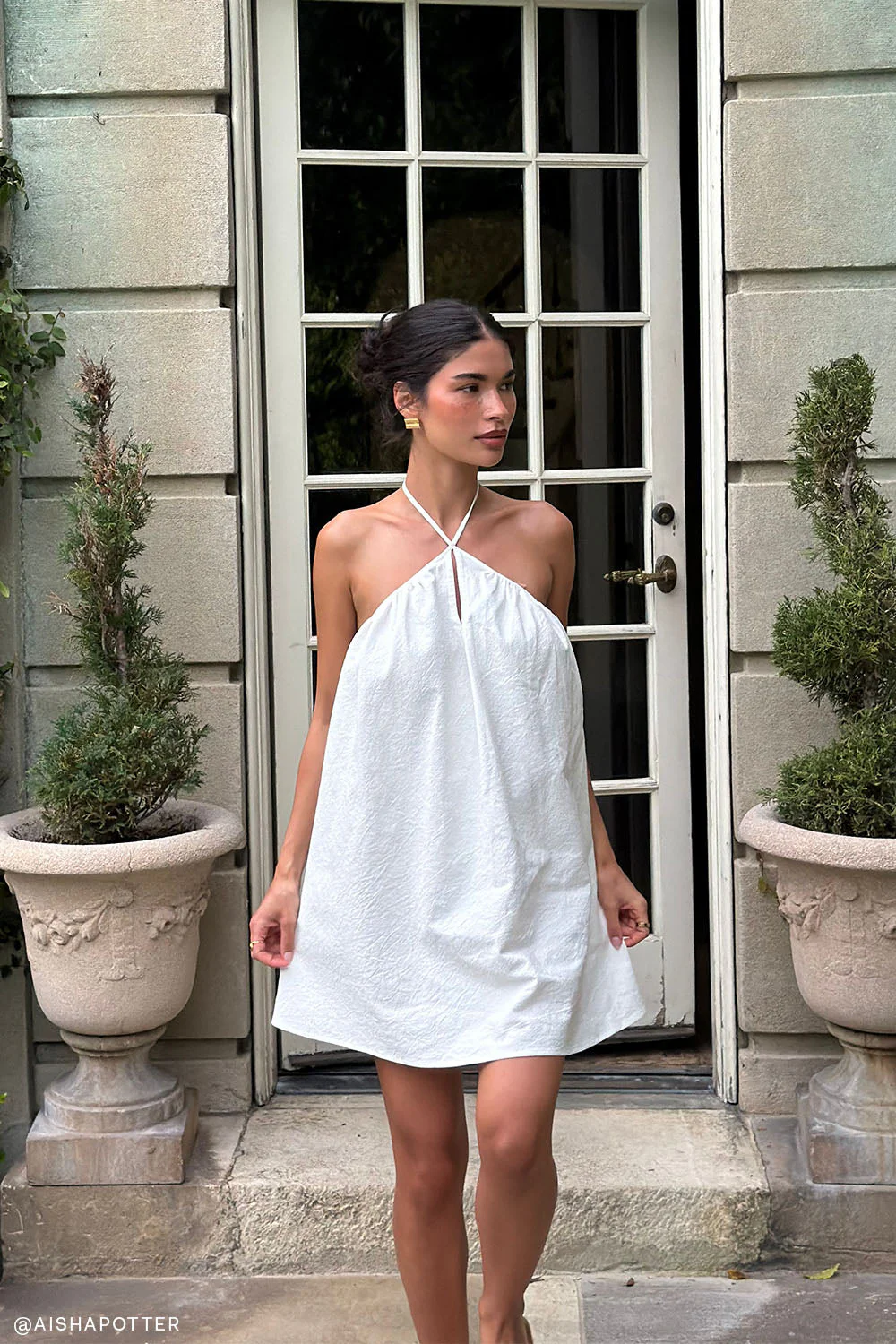 Sonja Keyhole Halter Cotton Mini Dress - White