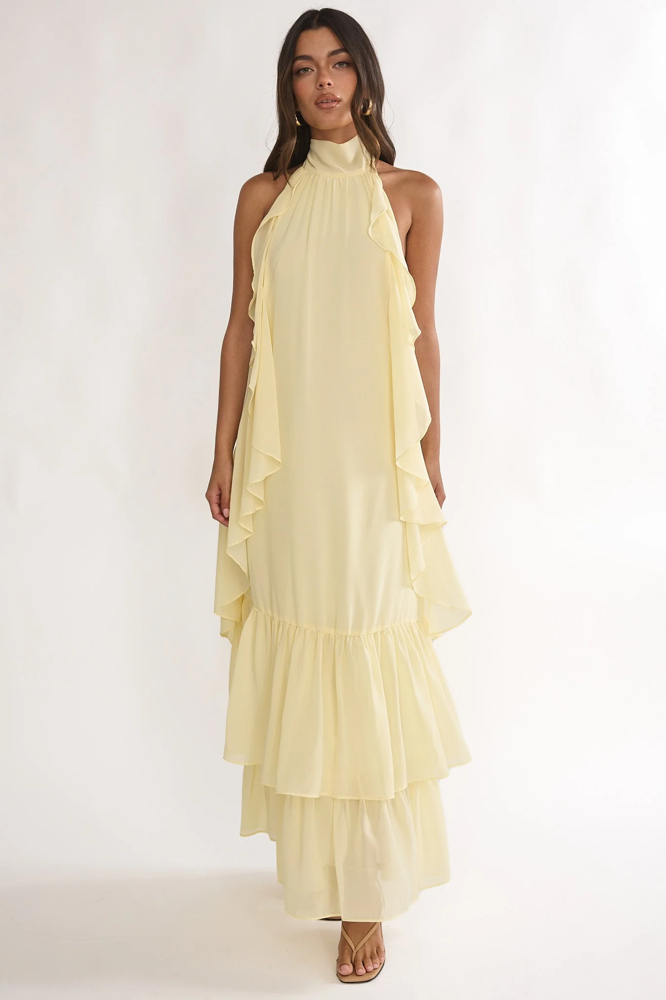 Lorina Layered Ruffle Halterneck Maxi Dress Butter