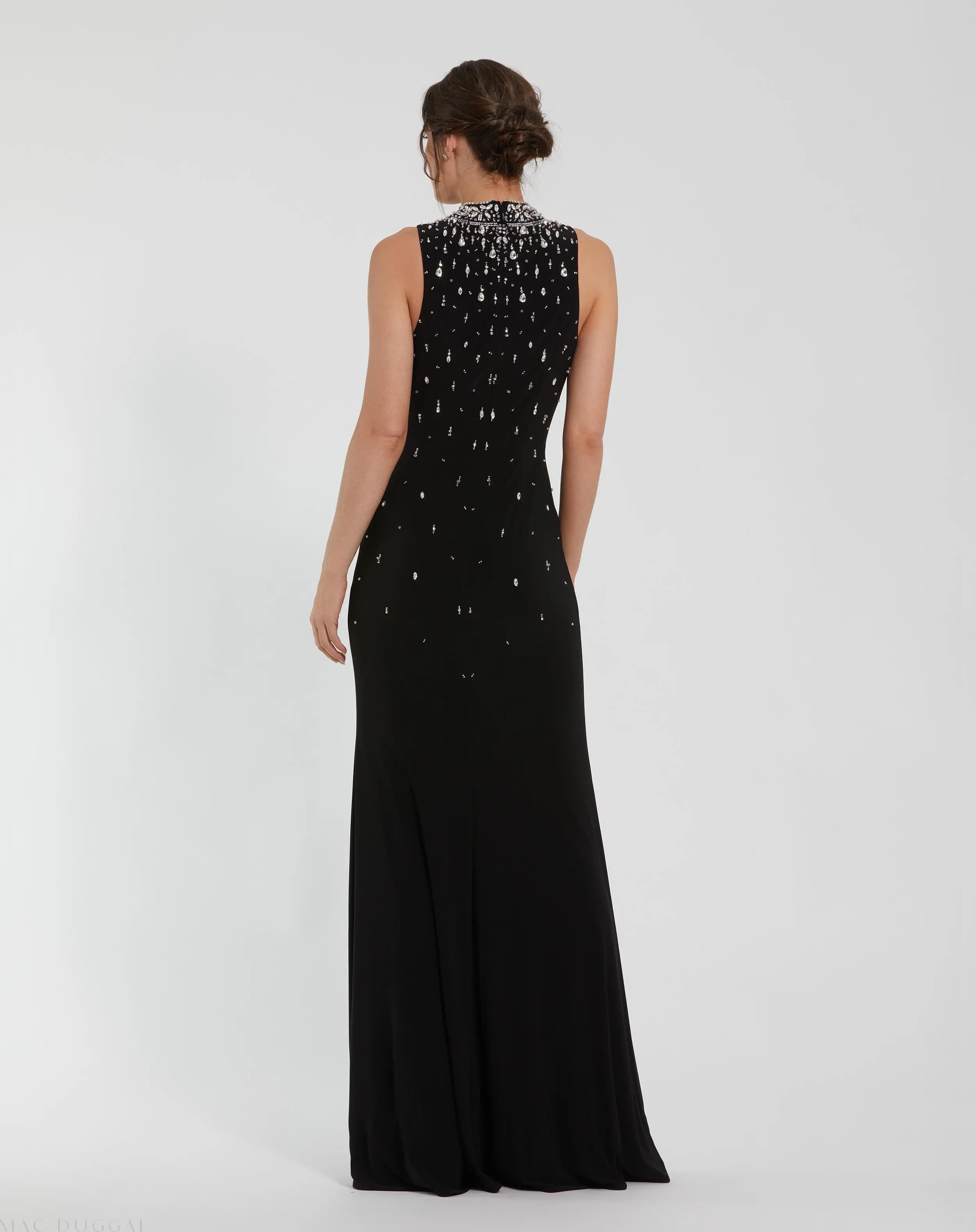Black Rhinestone Embellished Sleeveless Crepe Gown - FASHION NOB