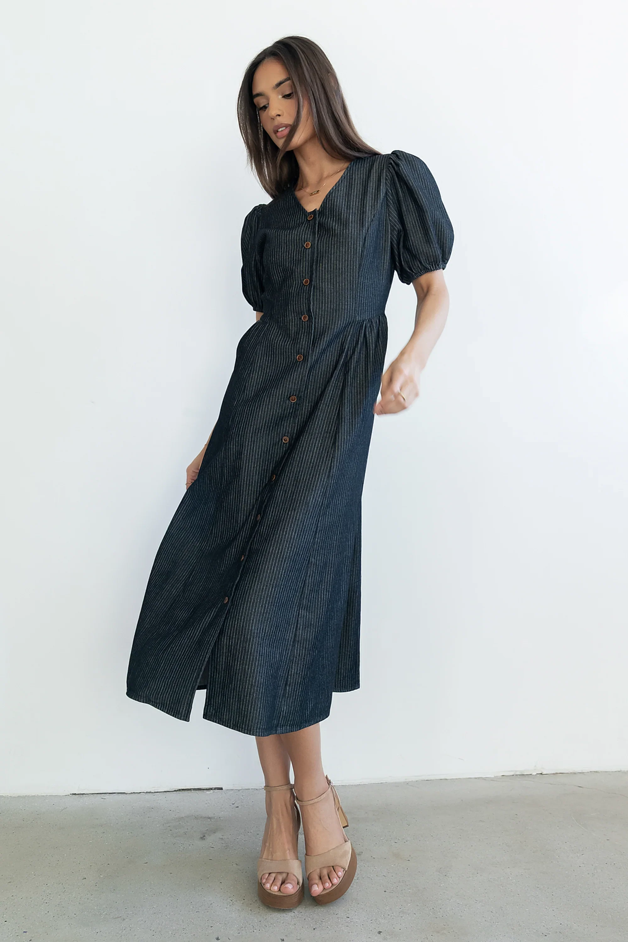 Conley Pinstripe Midi Dress in Black