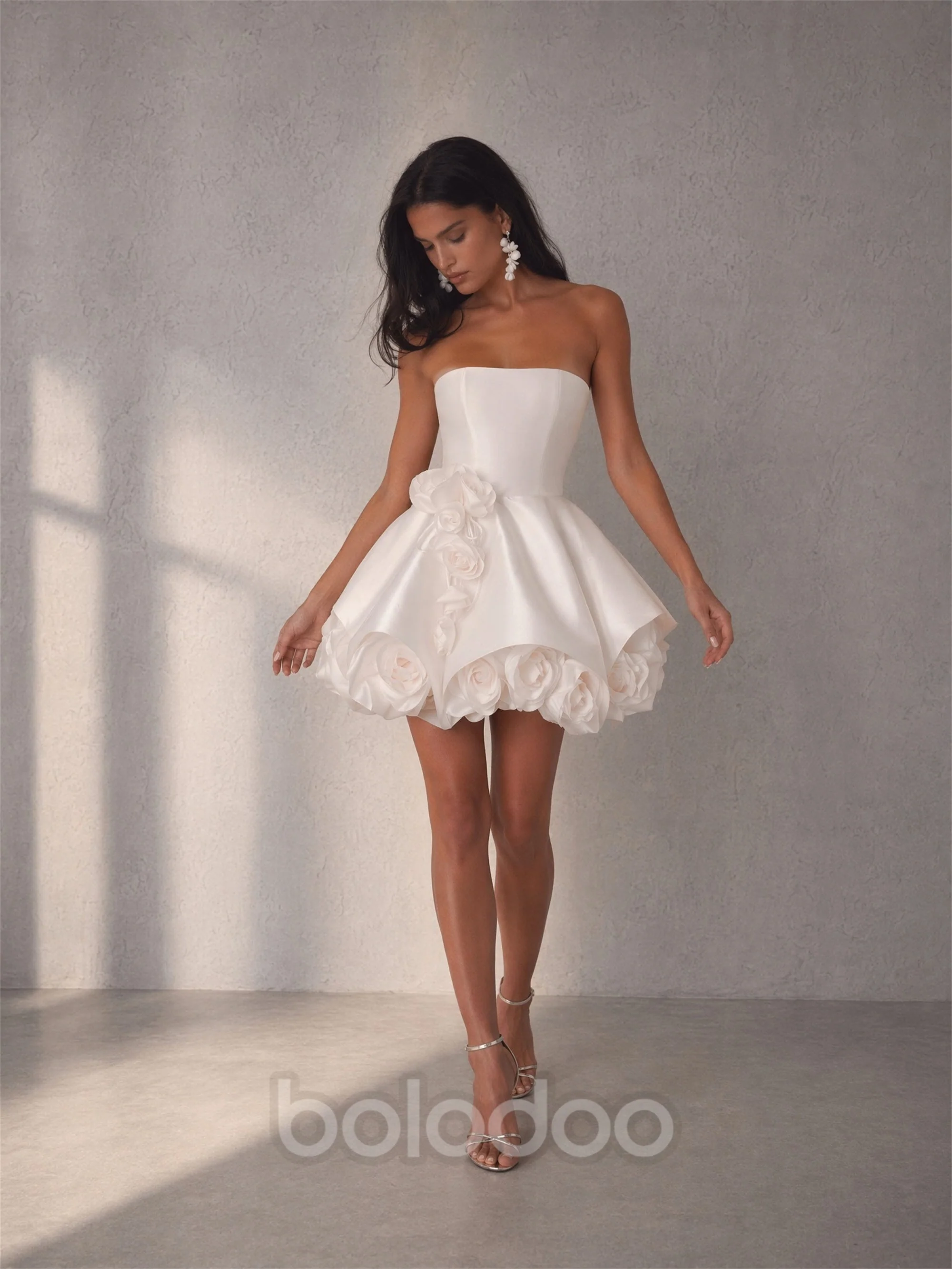 BOLODOO White 3D Rose Bubble Mini Dress Strapless Satin Bridal Party Dress
