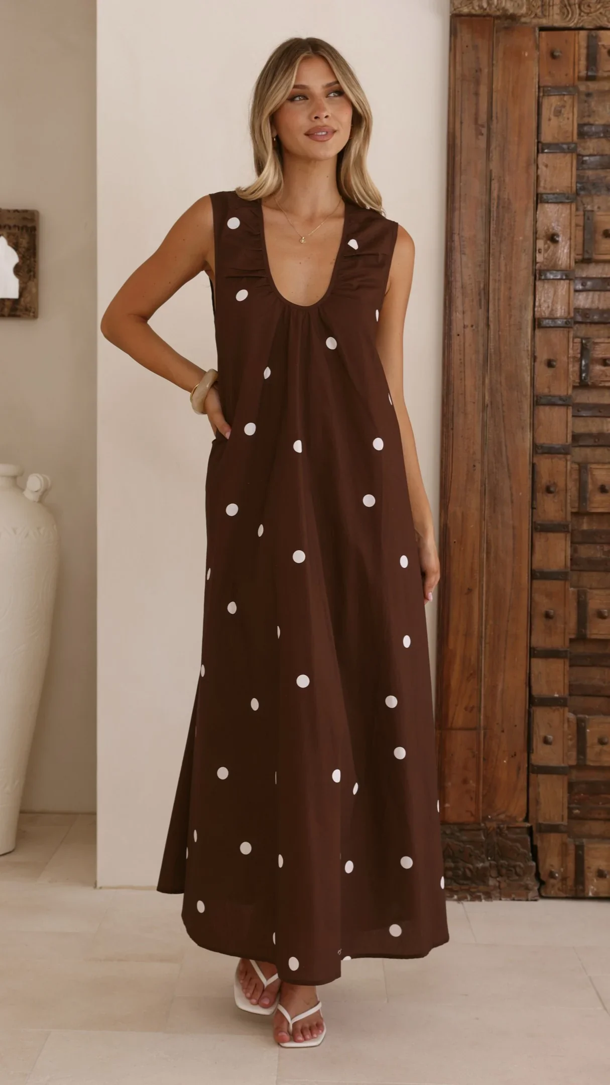 Scout Maxi Dress - Chocolate/White Polka
