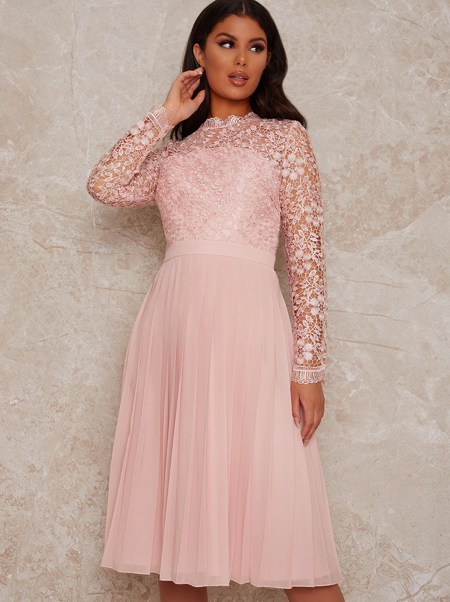 Long Sleeve Crochet Midi Dress in Pink