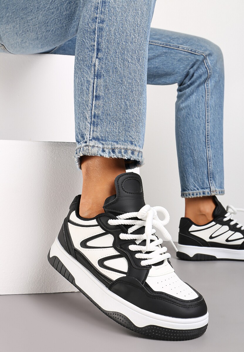 Czarno-Białe Sneakersy przed Kostkę na Platformie z Wstawkami Losia