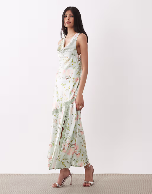 Hope & Ivy cowl neck lace trim satin midi dress in sage green floral