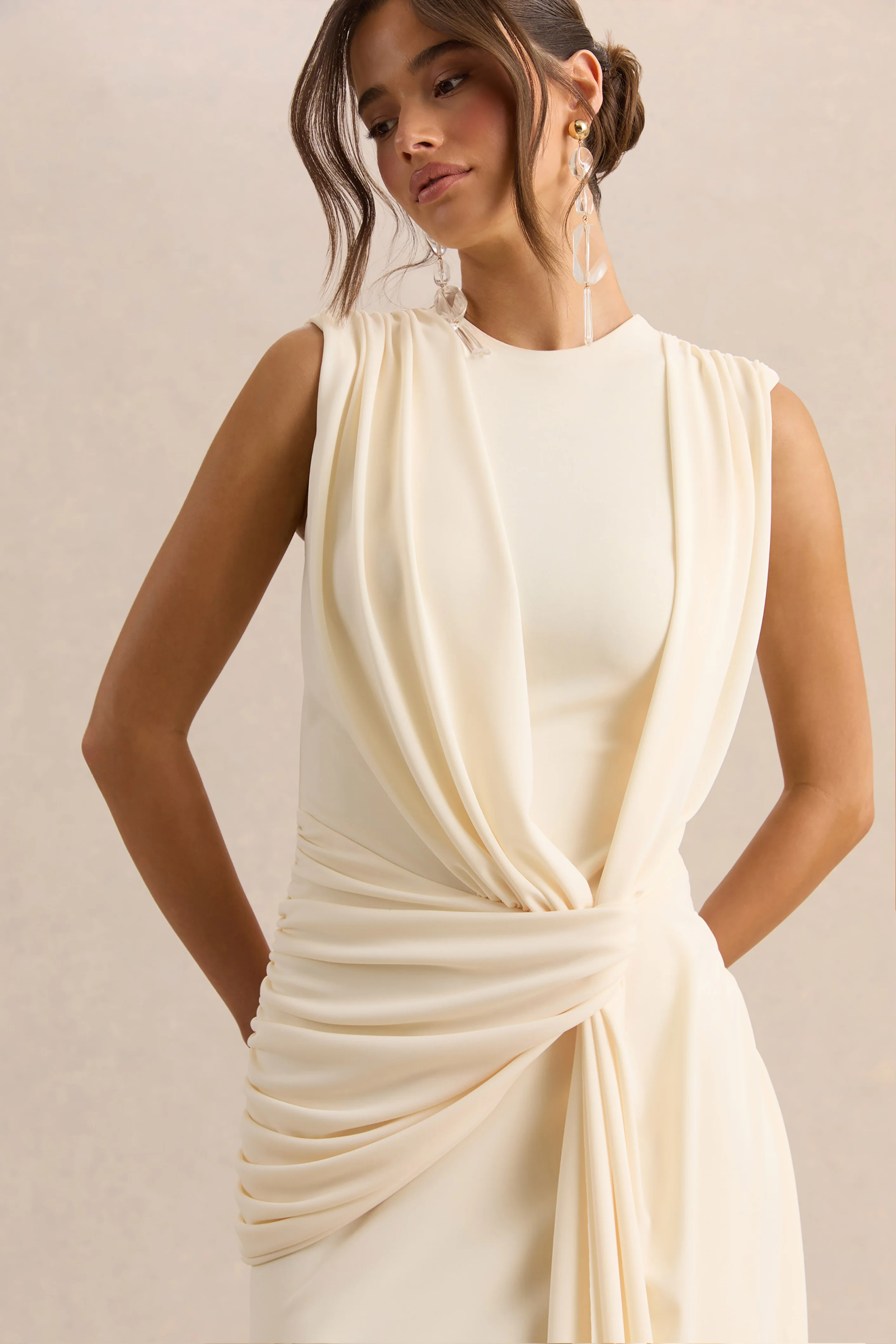 Blythia | Cream Round-Neck Maxi Dress With Gathered-Detailing