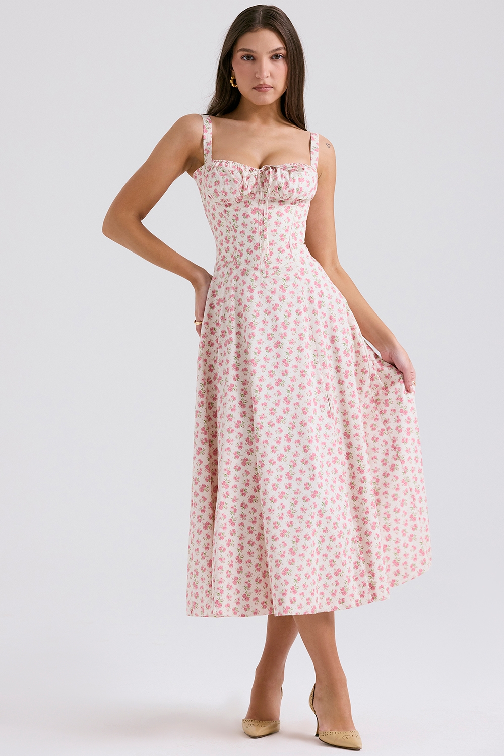 White Rosebud Print Cotton Bustier Sundress