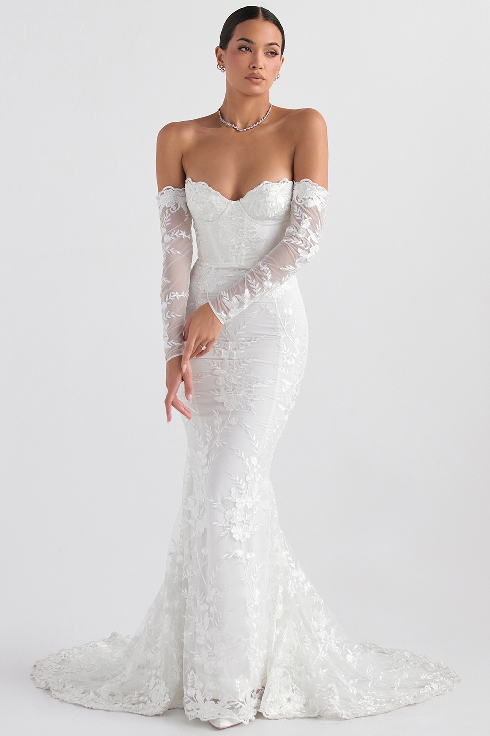 White Lace Long Sleeve Bridal Gown