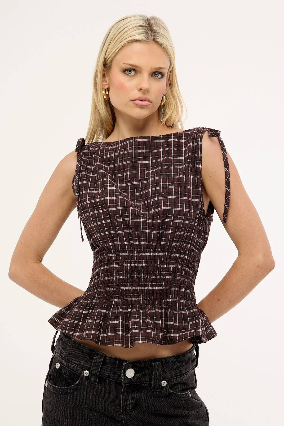 Luck & Trouble Andie Ruched Tie Top Brown Check