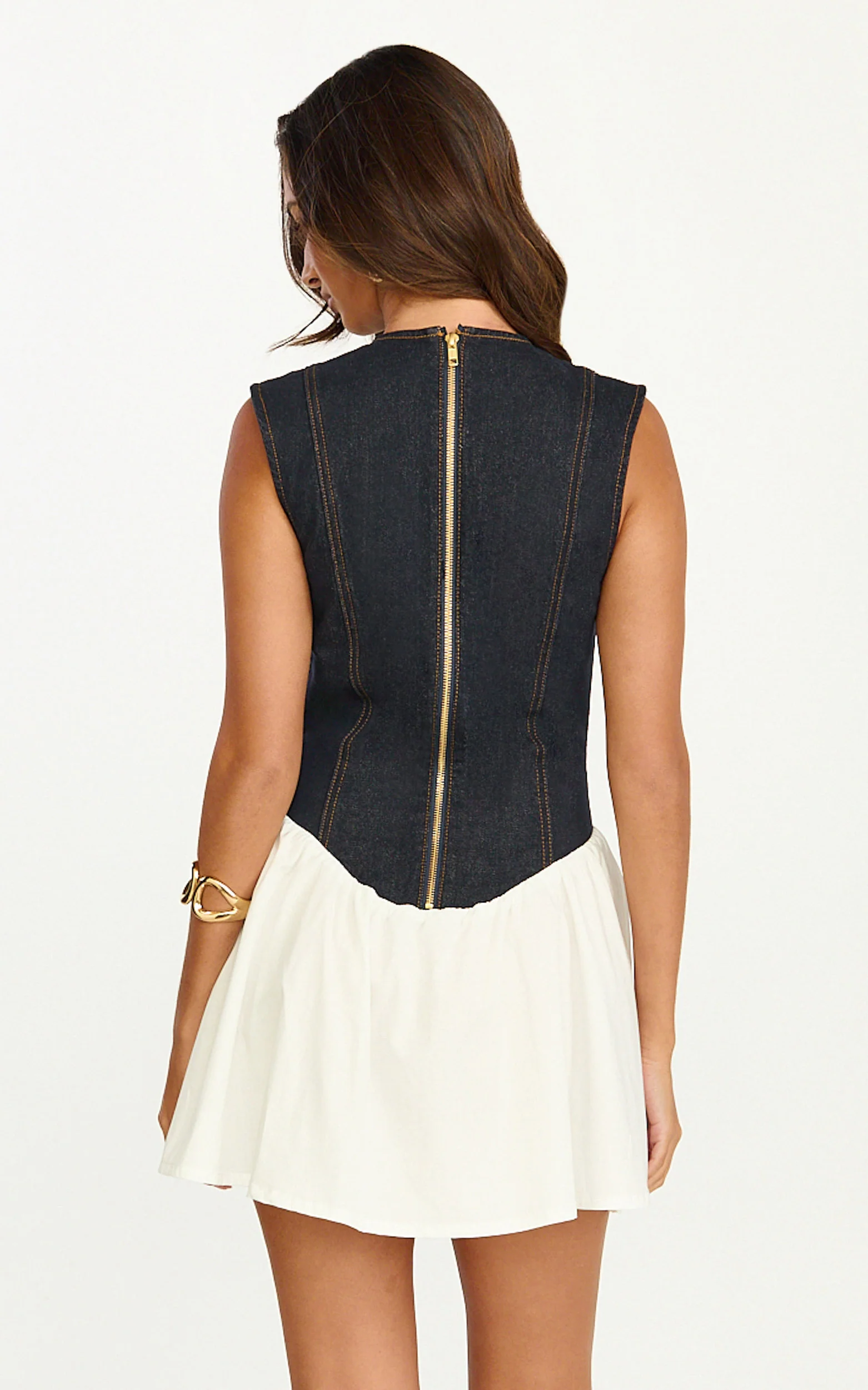 Schiffer Mini Dress - Low Cut Notch Neck Contrast Denim Mini Dress in Raw