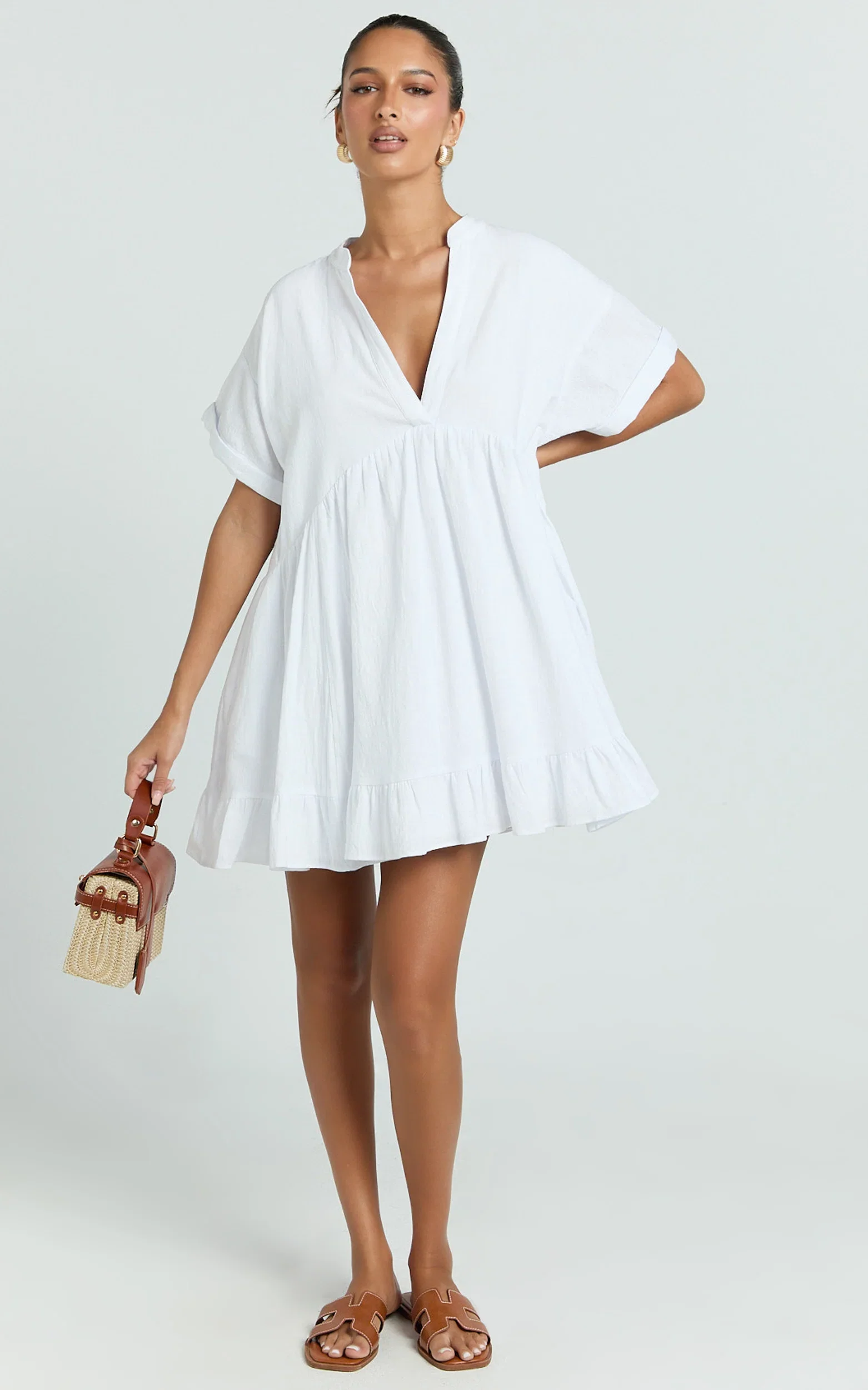 Calissa Mini Dress - Frill Hem Smock Dress in White