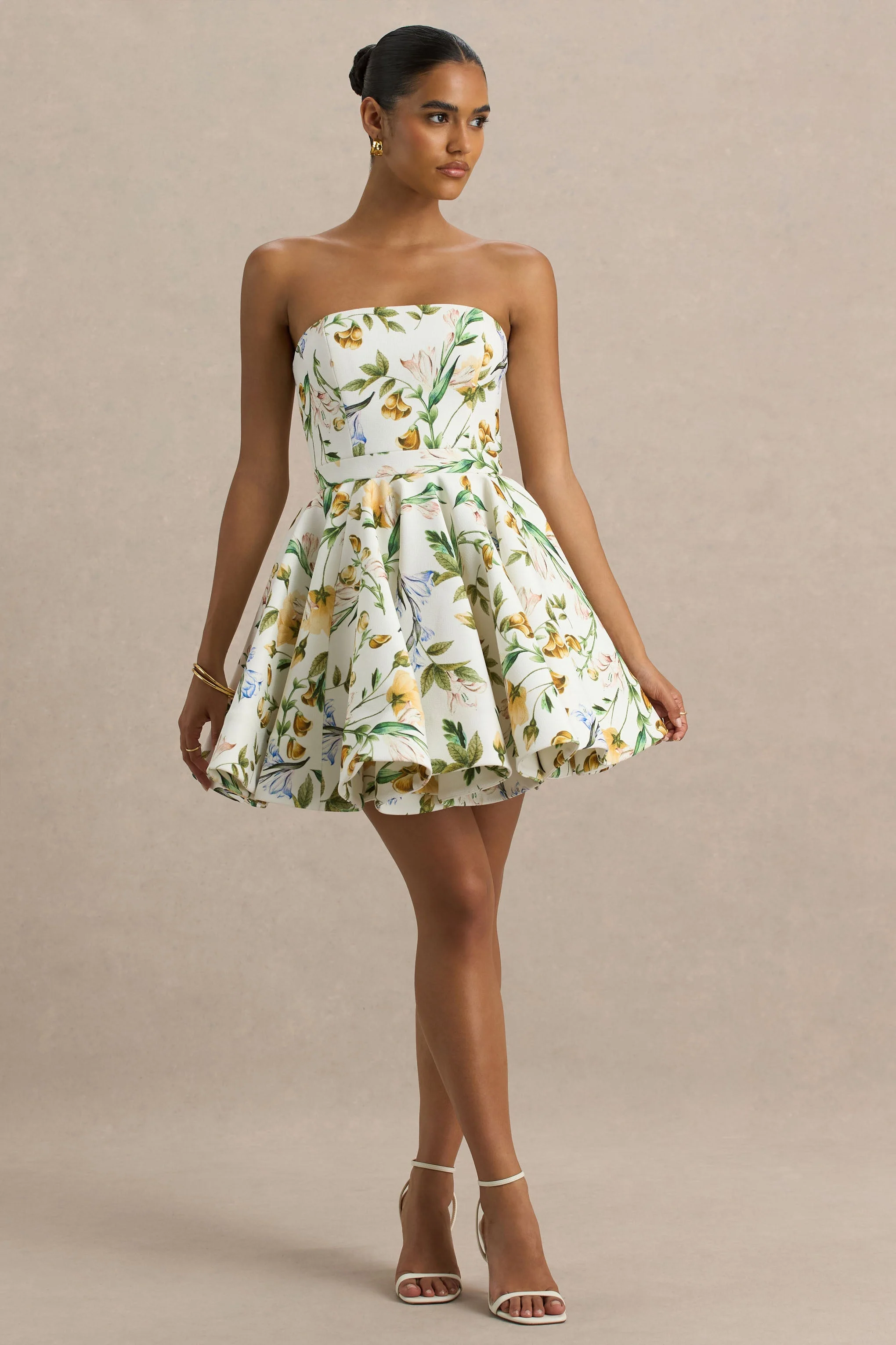 Valerian | Lemon Floral Print Bandeau Mini Dress With Ruffle Hem