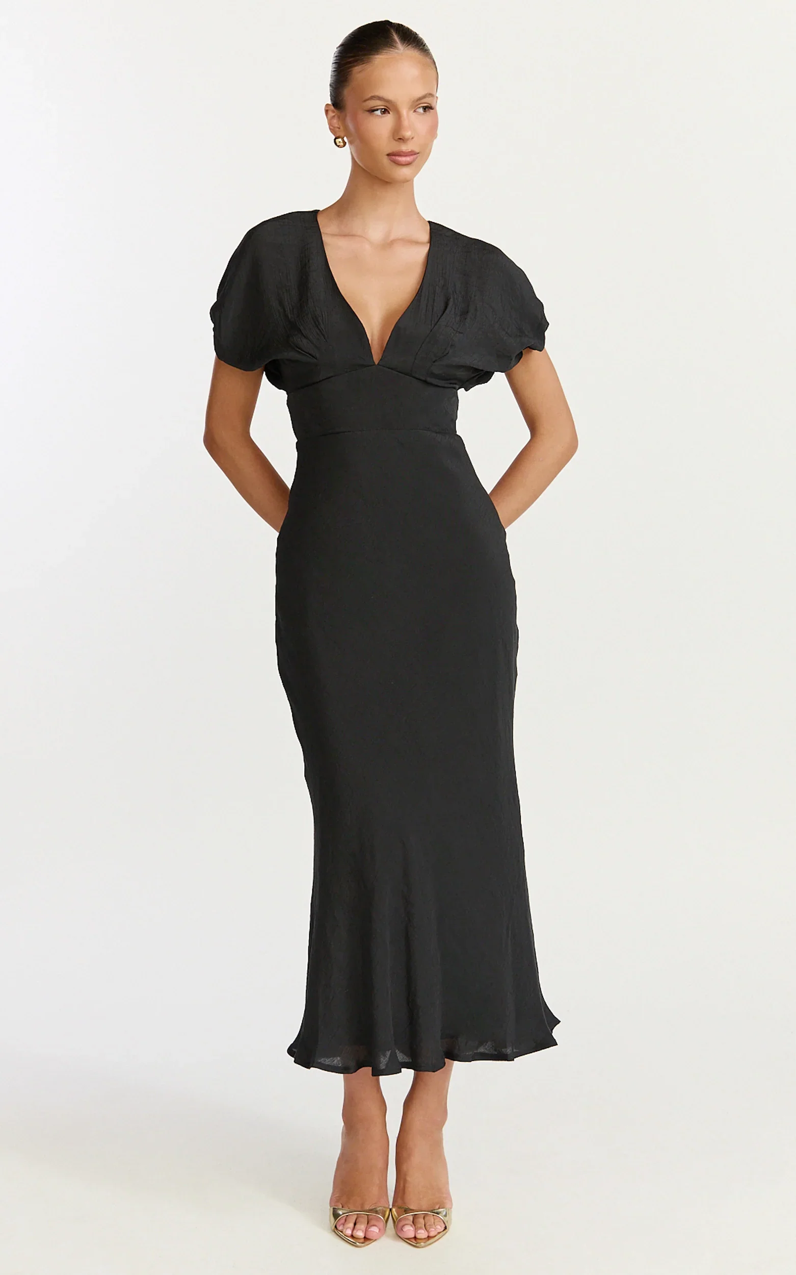 Desiree Midi Dress - V Neck Flutter Short Sleeve Slip Dress in Black