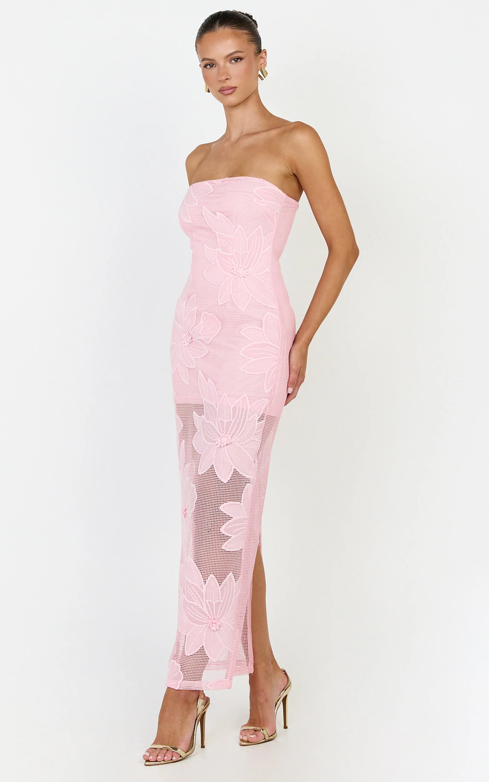 Sienna Midi Dress - Strapless Floral Embroidered Bodycon Dress in Pink