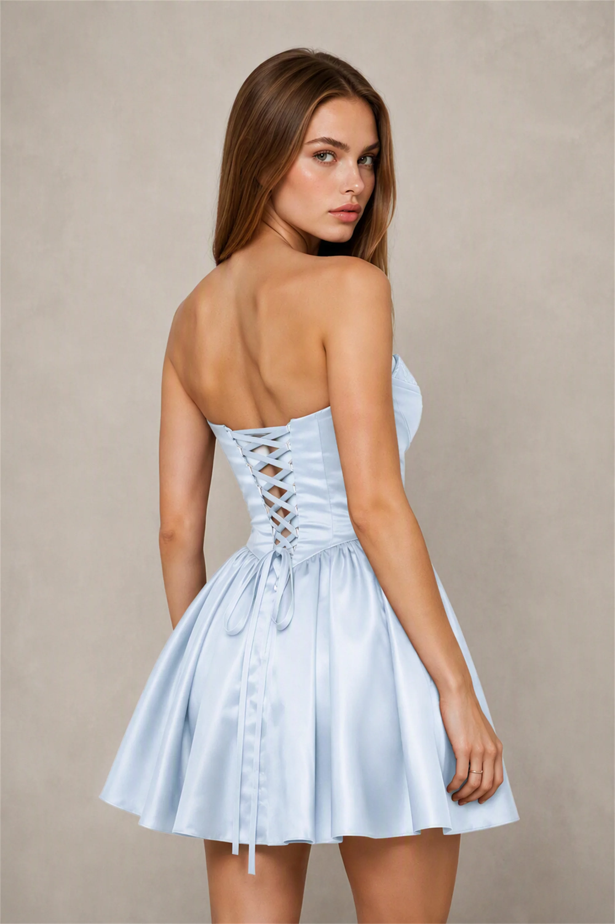 BOLODOO Light Blue Satin Sequin Sweetheart Strapless Corset Lace-Up Back A-Line Mini Dress | Prom Cocktail Homecoming Dress