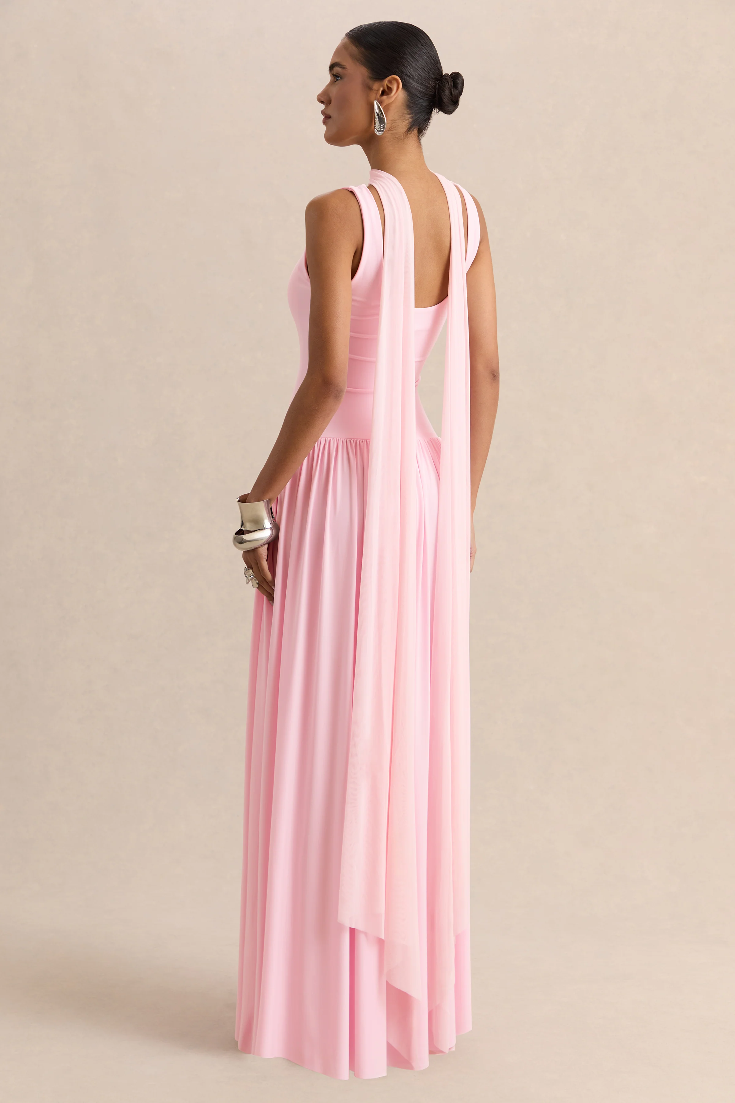 Aurina | Pink Square-Neck Maxi Dress With Scarf-Detail