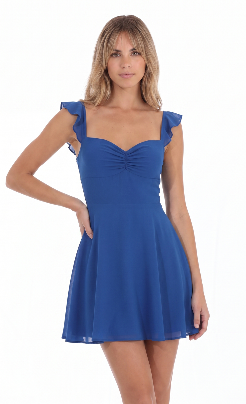 Ruched Ruffle Lace-Up Mini Dress in Royal Blue