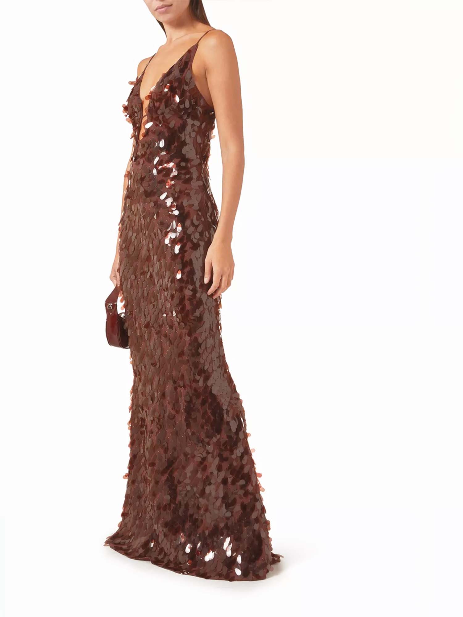 Brown Sequin Plunge Maxi Dress
