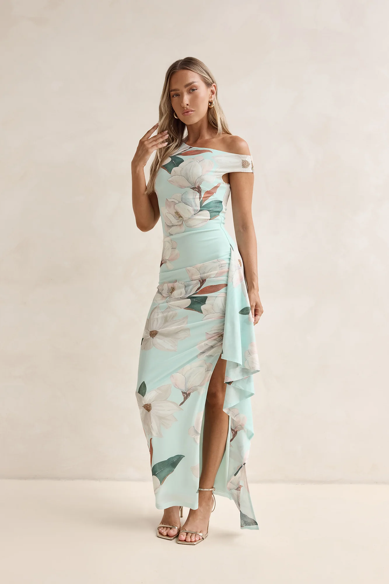 Case Of Flowers Off Shoulder Mesh Maxi Dress Mint