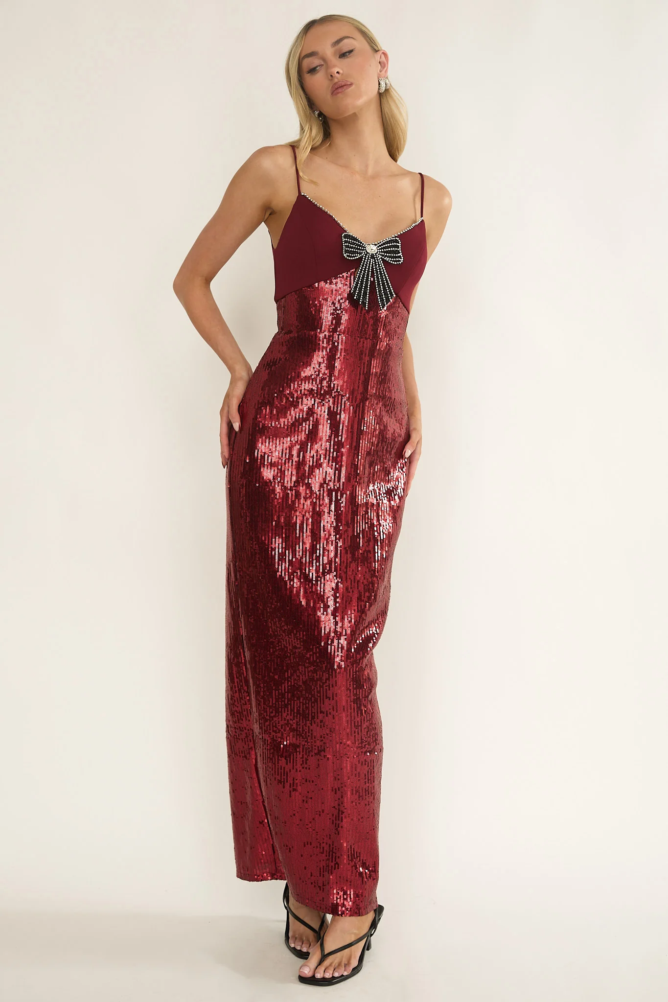 Nolani Sequin Bow & Diamante Maxi Dress Wine