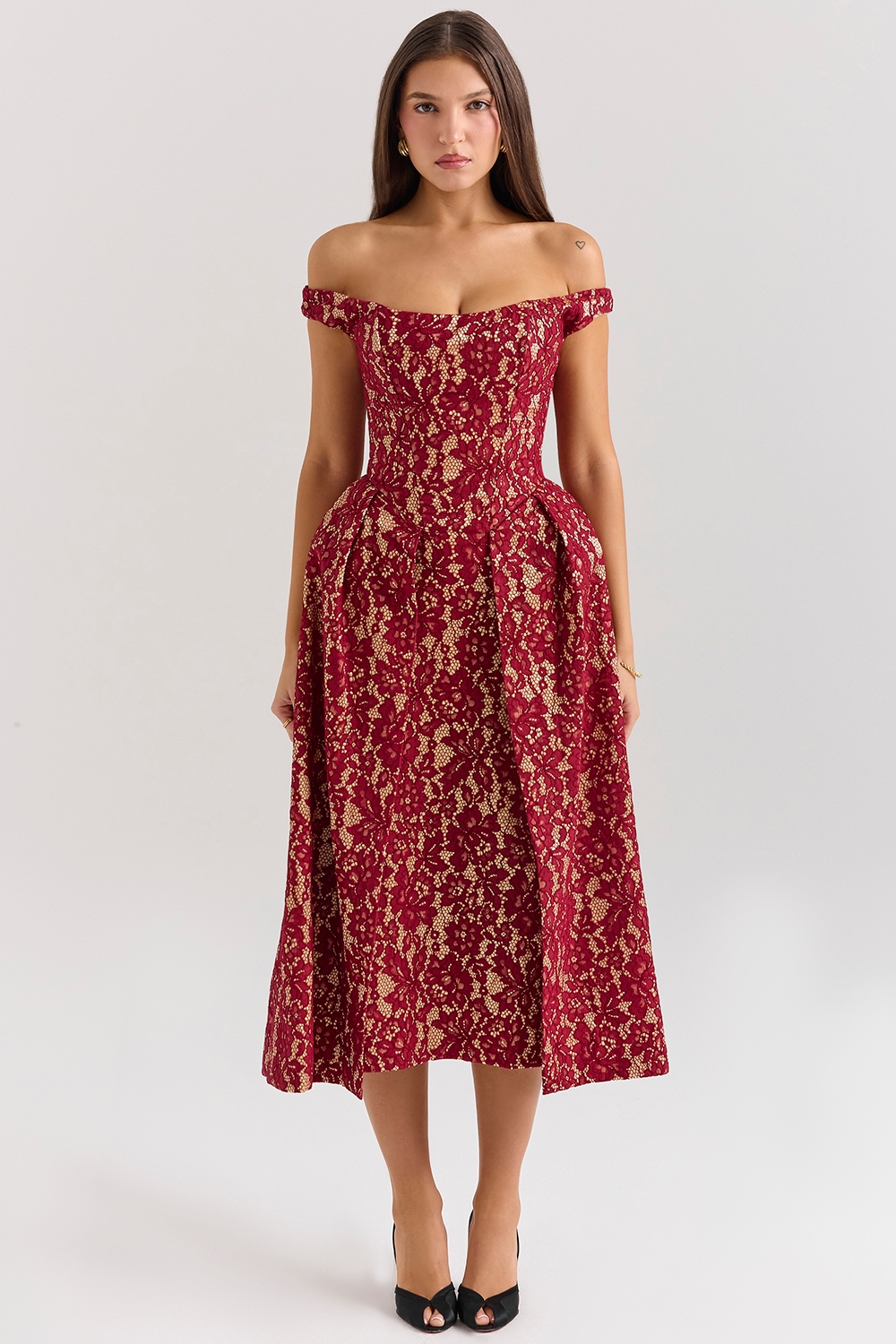 gold and berry lace midi off shoulder dress