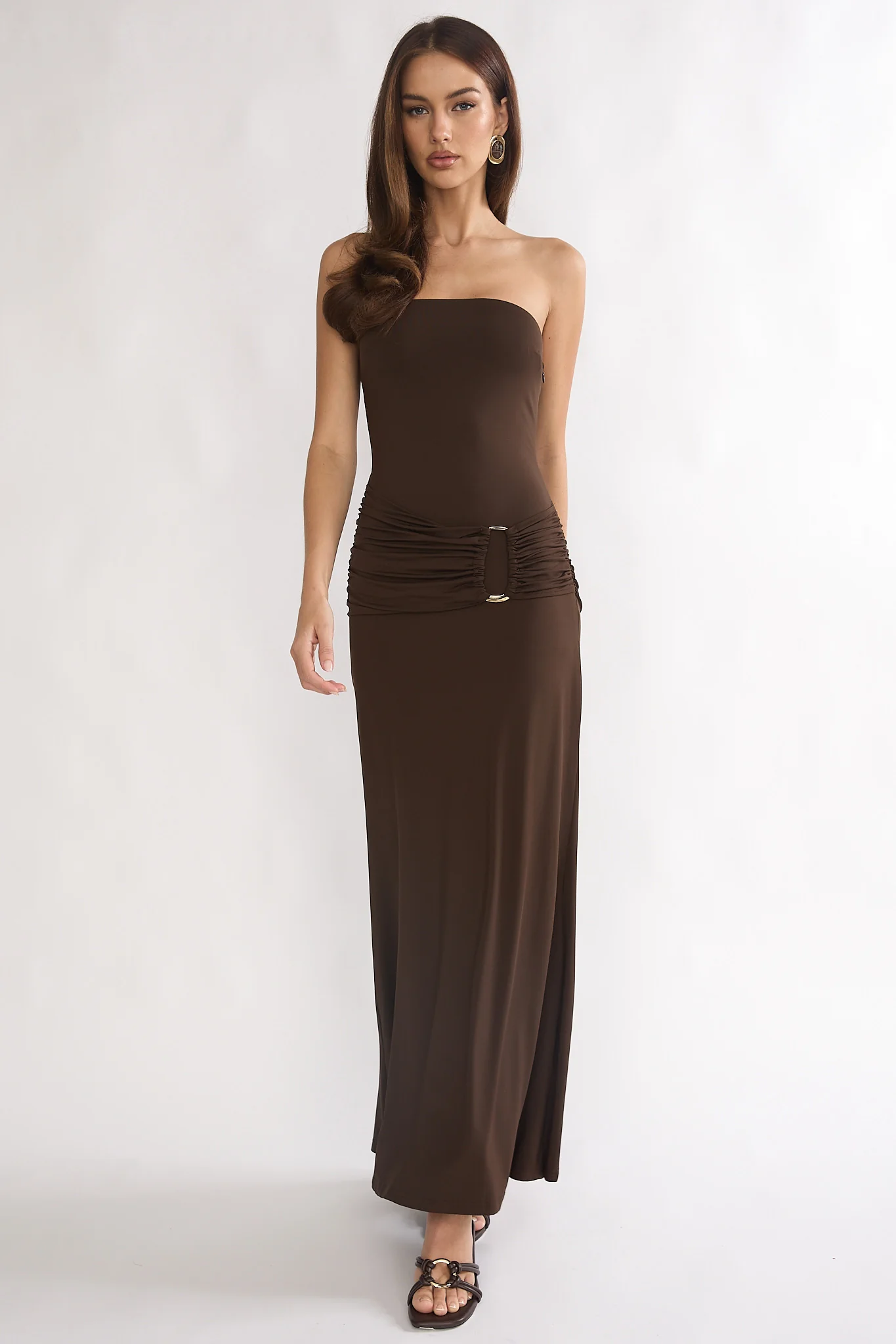 Klaudia Strapless Ruched Waist Maxi Dress Chocolate