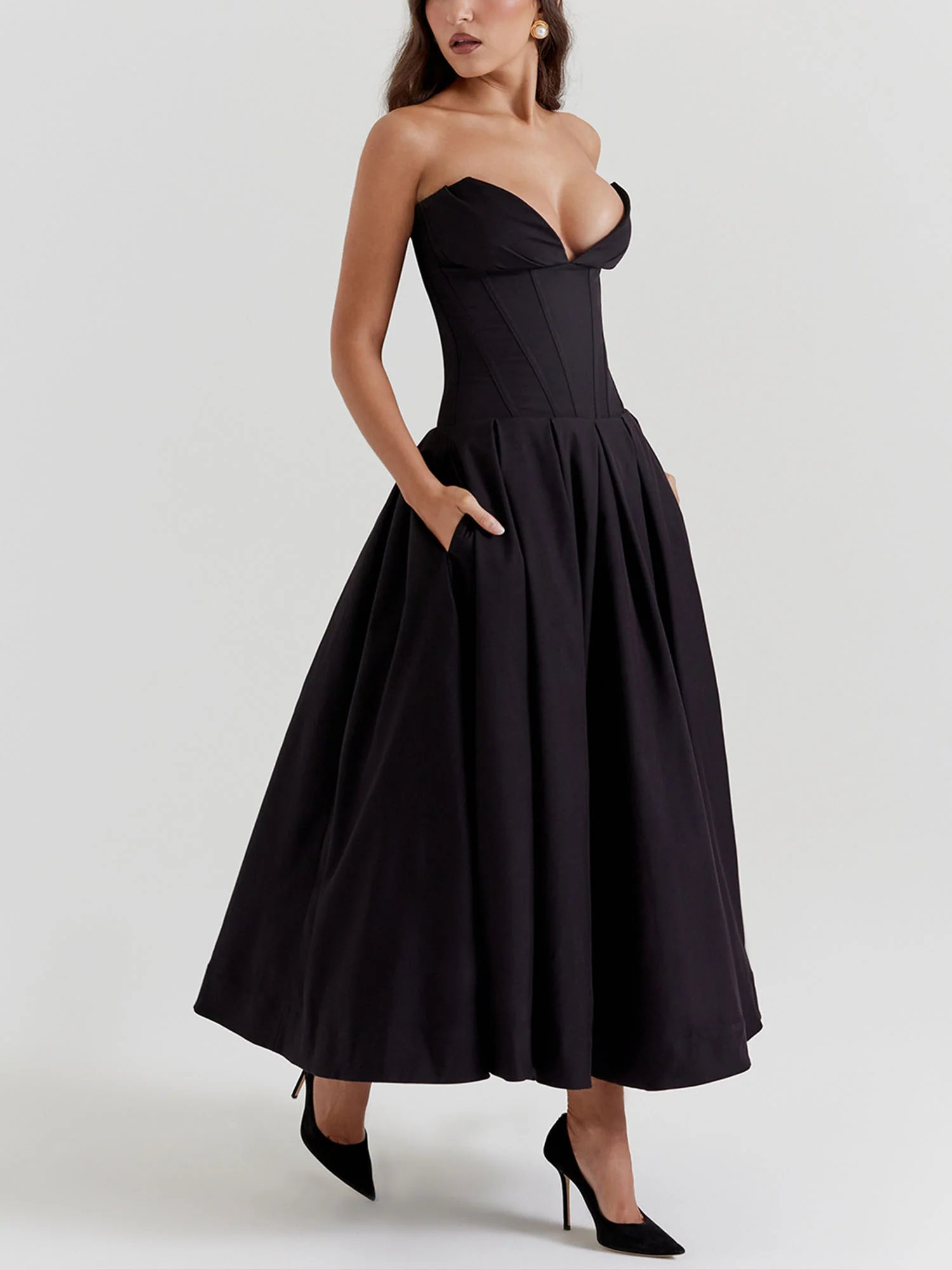 Black Strapless Fit-and-Flare Midi Dress