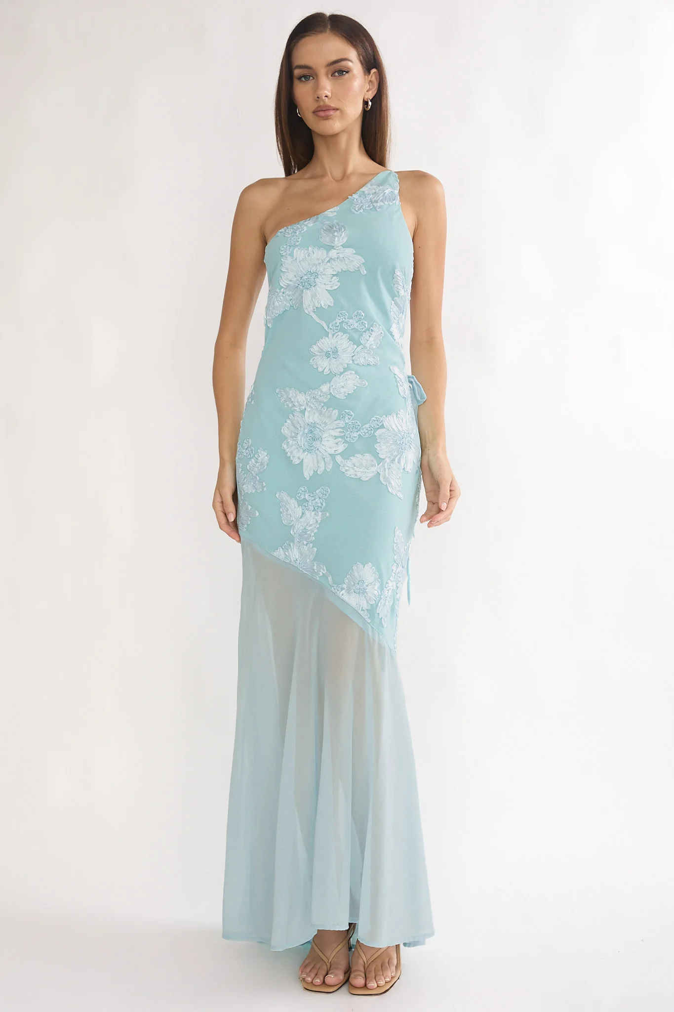 Mireya One-Shoulder Sheer Hem Maxi Dress Aqua - luluinthesky