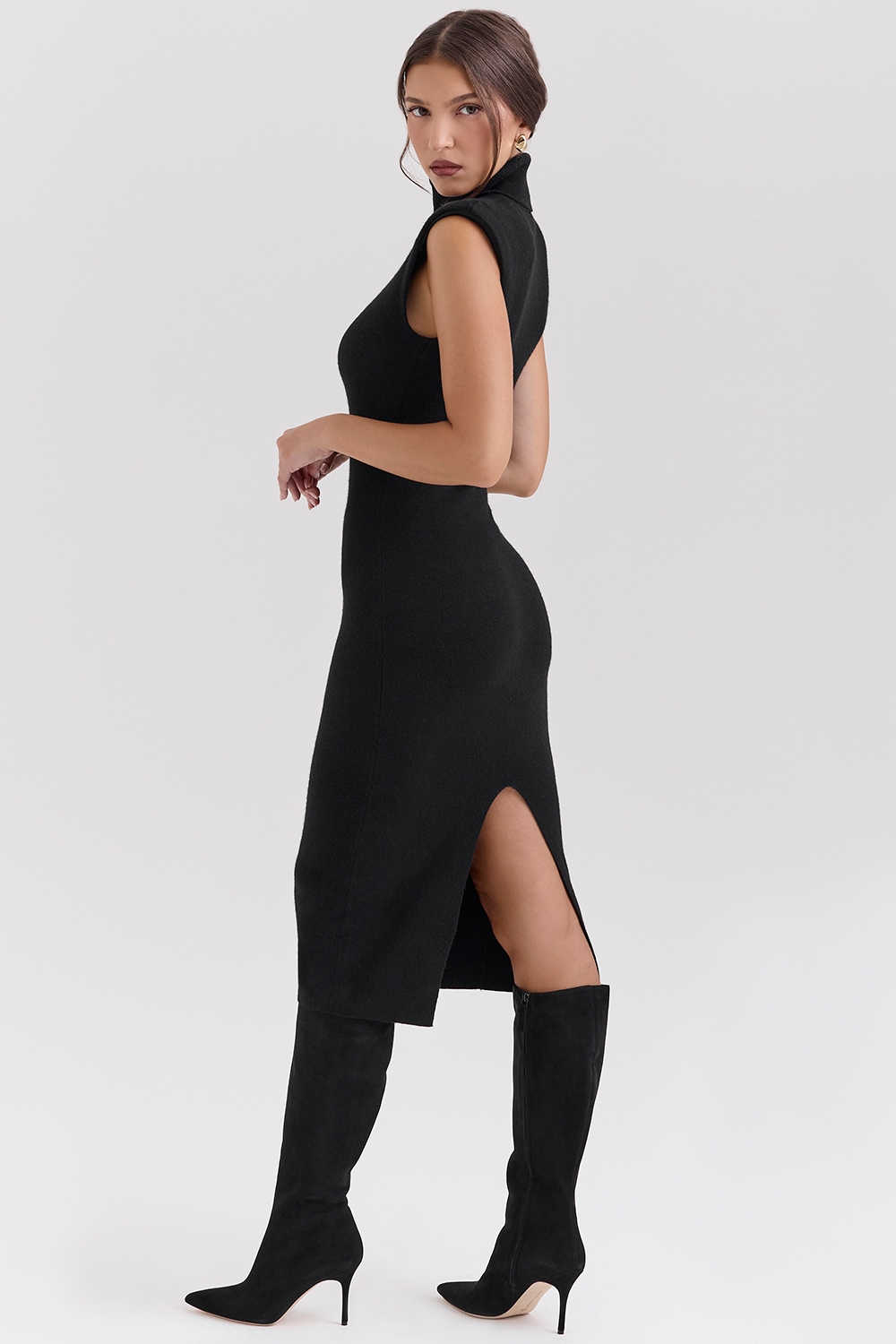 Black Cashmere Blend Turtle Neck Midi Dress
